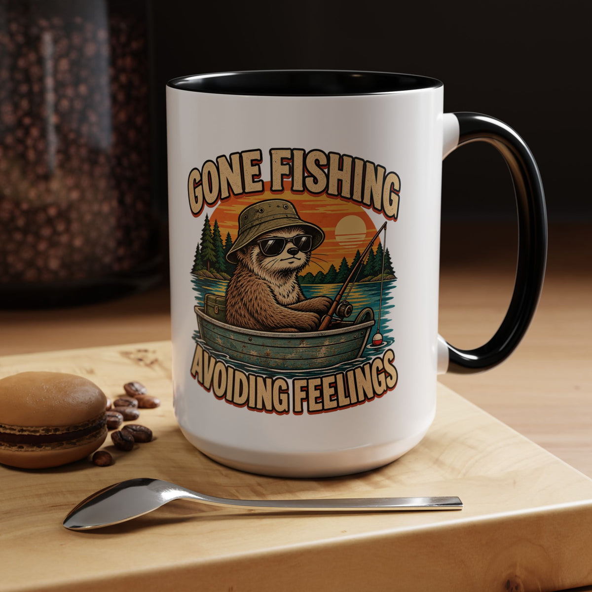 Funny And Witty "Gone Fishing Avoiding Feelings" Accent Coffee Mug (11, 15oz)