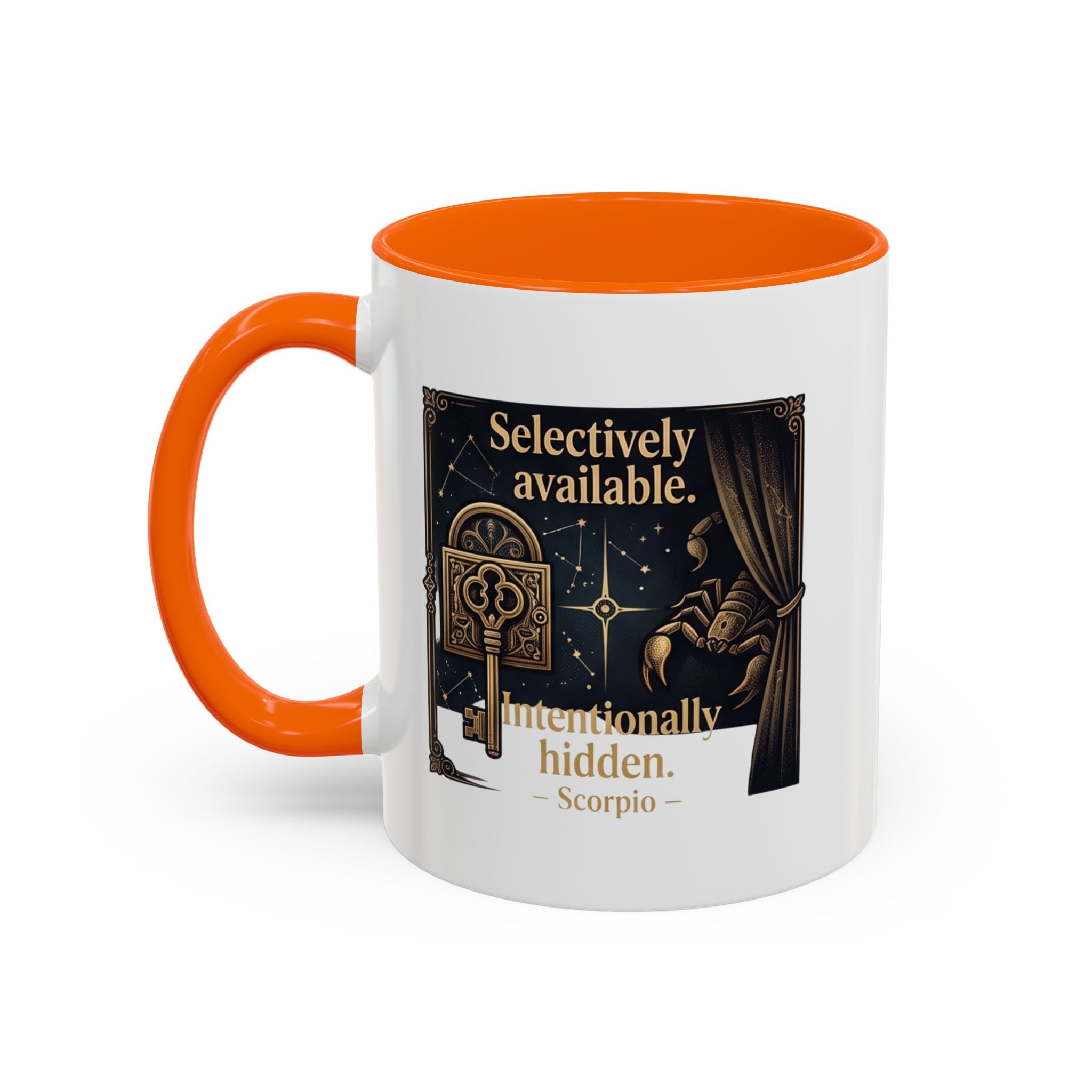 Scorpio Accent Coffee Mug — "Selectively Available, Intentionally Hidden" Zodiac Gift