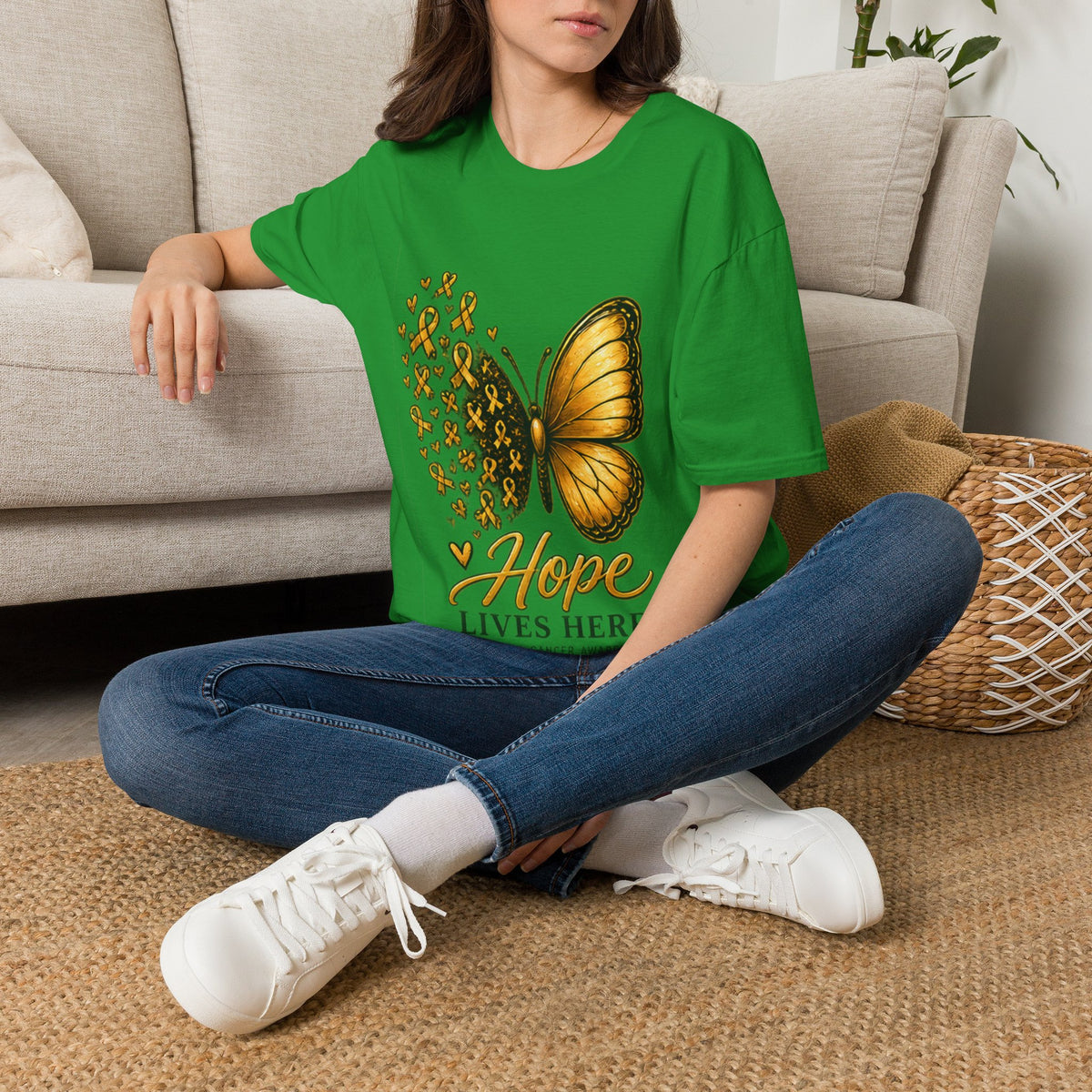 Hope Lives Here Gold Ribbon Butterfly Childhood Cancer Awareness T-Shirt