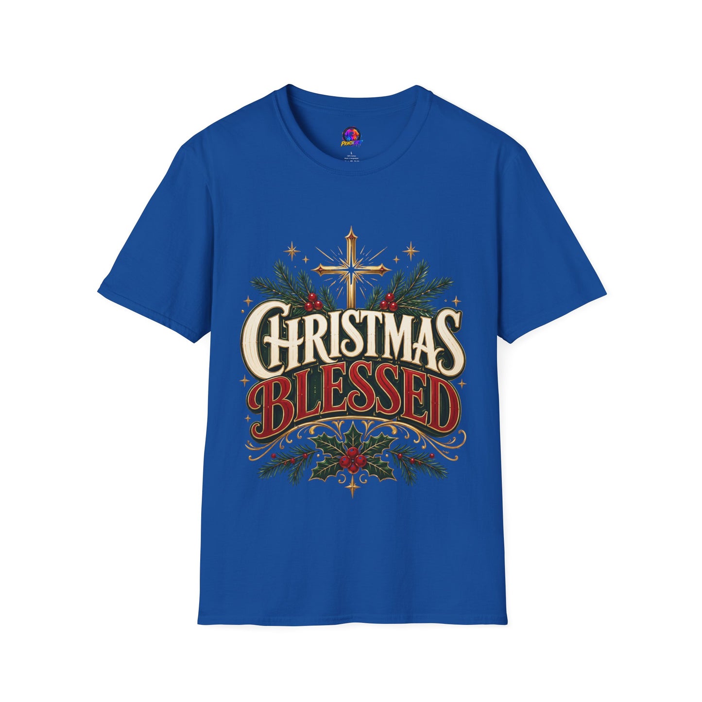 Christmas Blessed T-Shirt — Faith-Based Holiday Tee with Cross & Pine Design