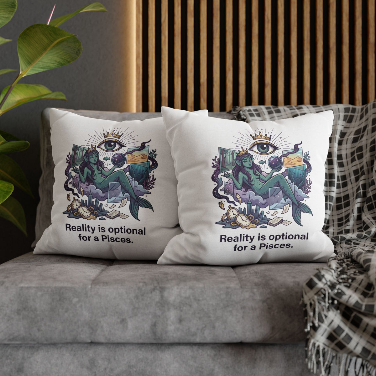 Pisces Mermaid Pillowcase — "Reality Is Optional for a Pisces" Decorative Throw Pillow