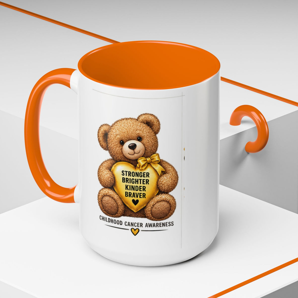 Childhood Cancer Awareness Coffee Mug — 'Stronger Brighter Kinder Braver' Teddy