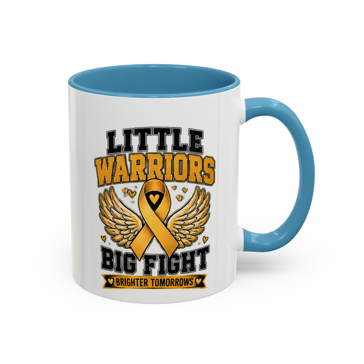 Little Warriors Big Fight Childhood Cancer Awareness Coffee Mug — Gold Ribbon Support Accent Mug