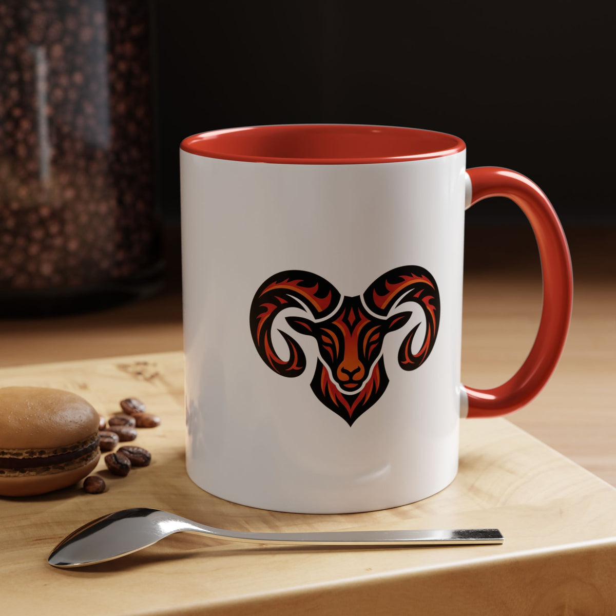 Aries Zodiac Ram Logo Accent Coffee Mug — Bold Tribal Ram Head Design