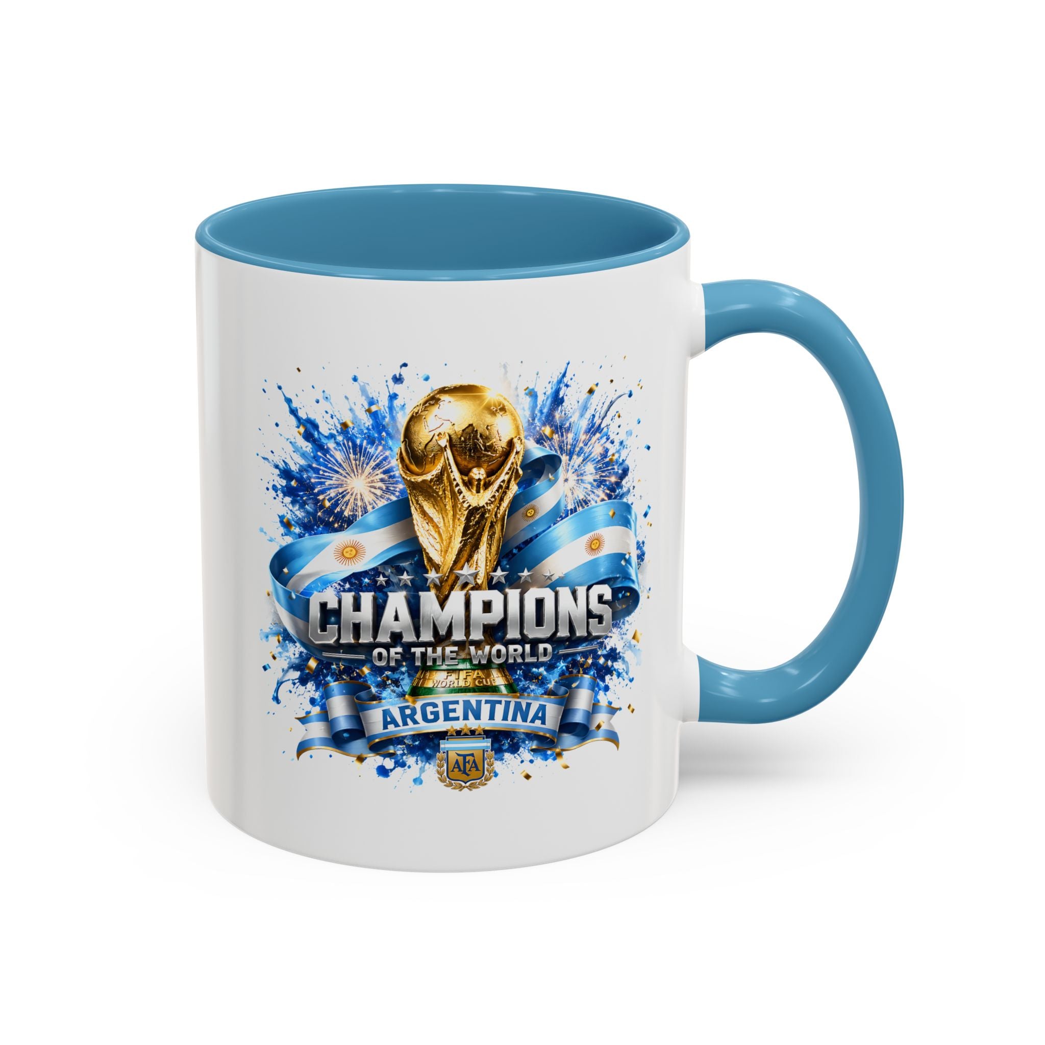 Argentina World Champions Coffee Mug — 'Champions of the World' Soccer Trophy Design