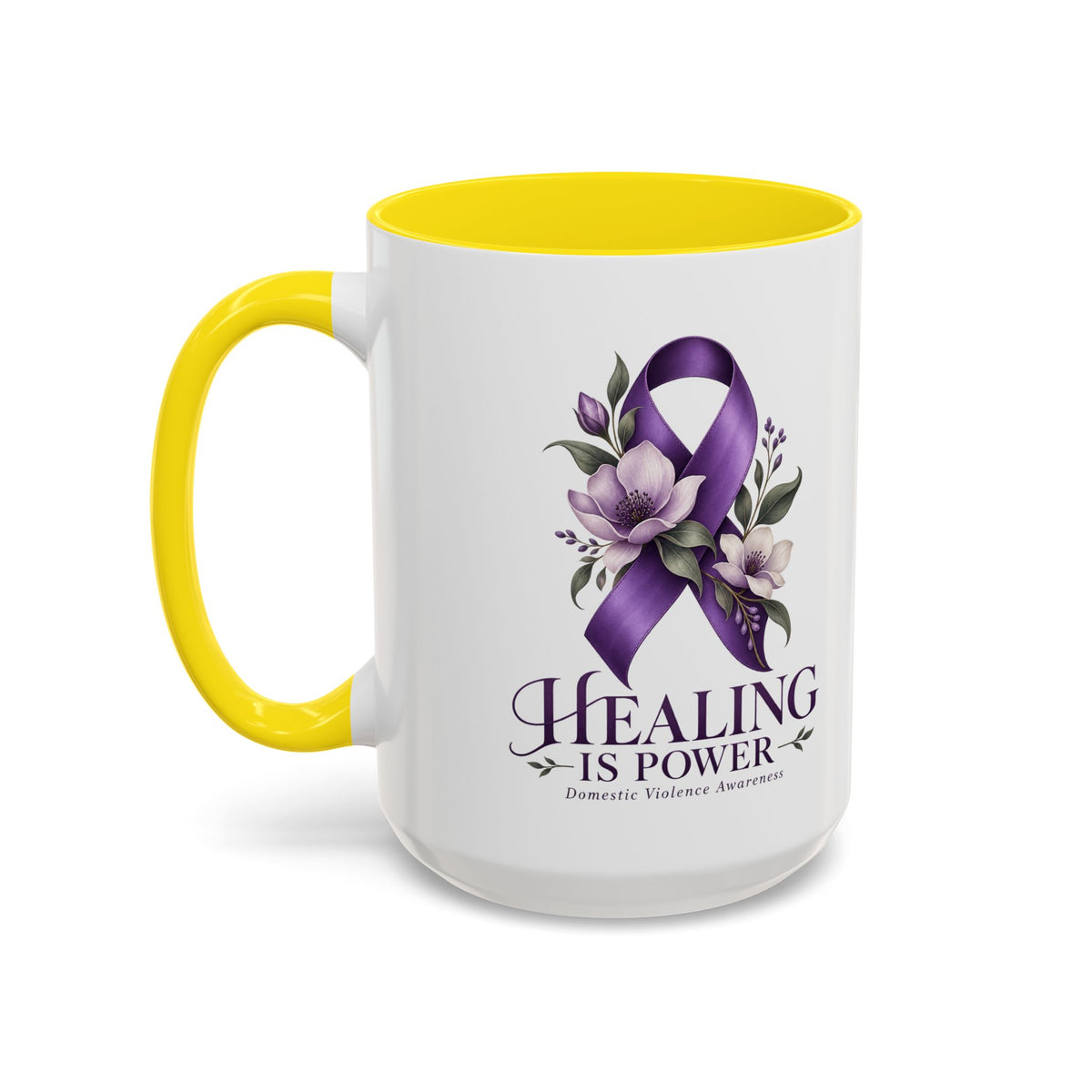 Healing Is Power Purple Ribbon Coffee Mug — Domestic Violence Awareness Accent Mug (11/15oz)