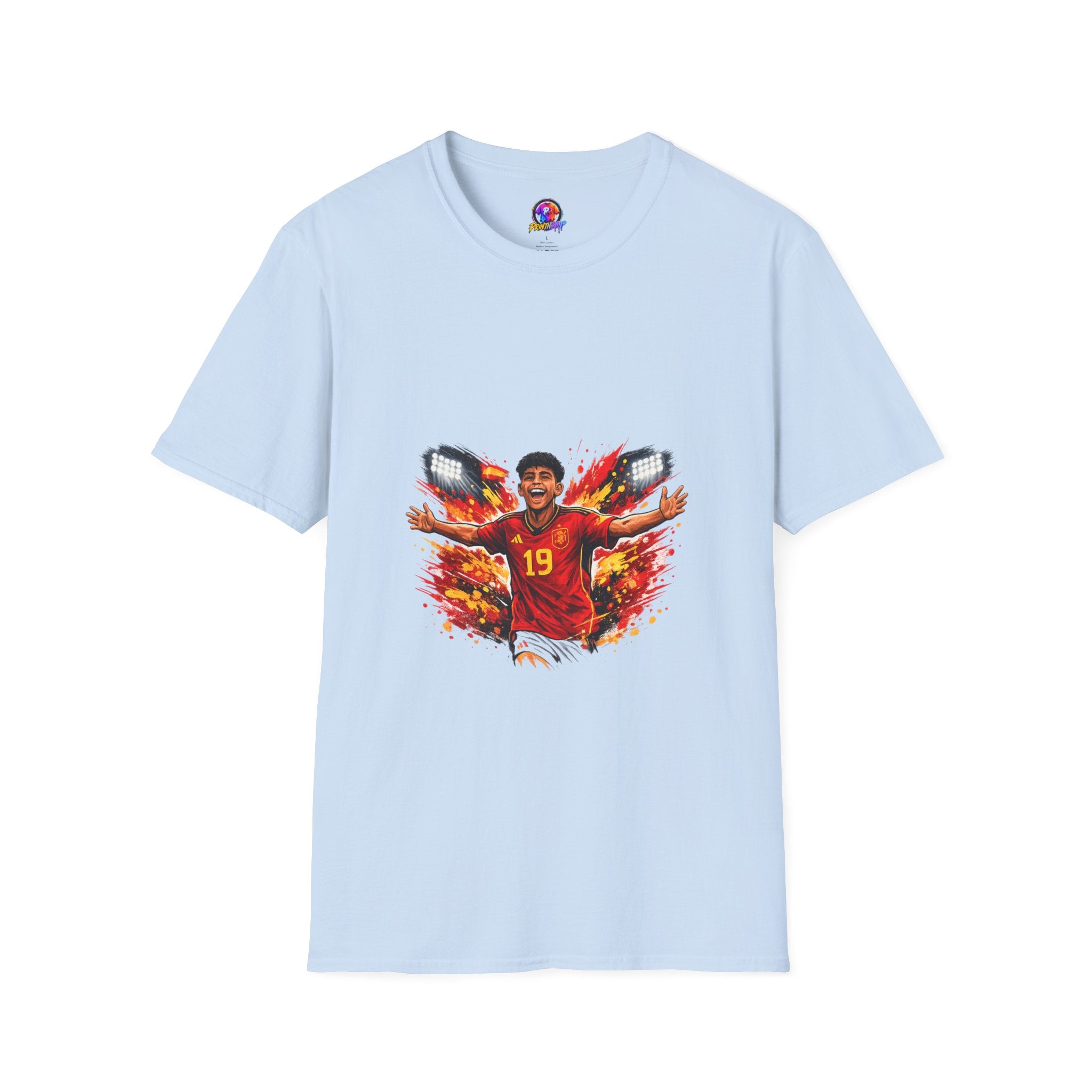 Spain Soccer Fan Portrait T‑Shirt – Fiery Goal Celebration Design