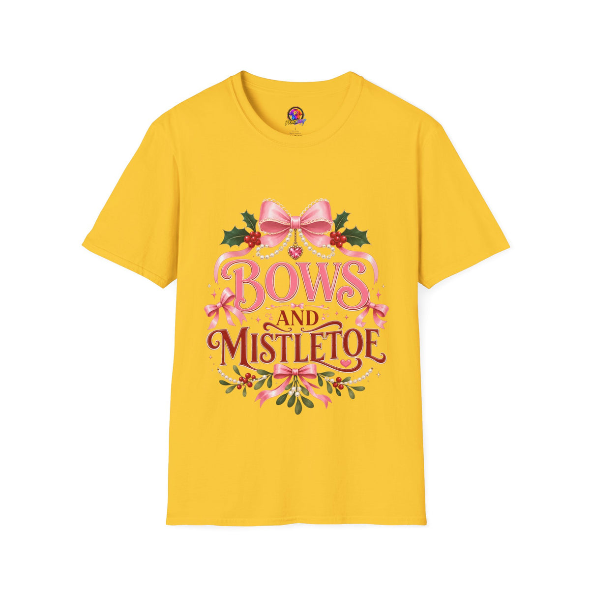 Bows and Mistletoe T-Shirt — Pink Holiday Bow Christmas Tee