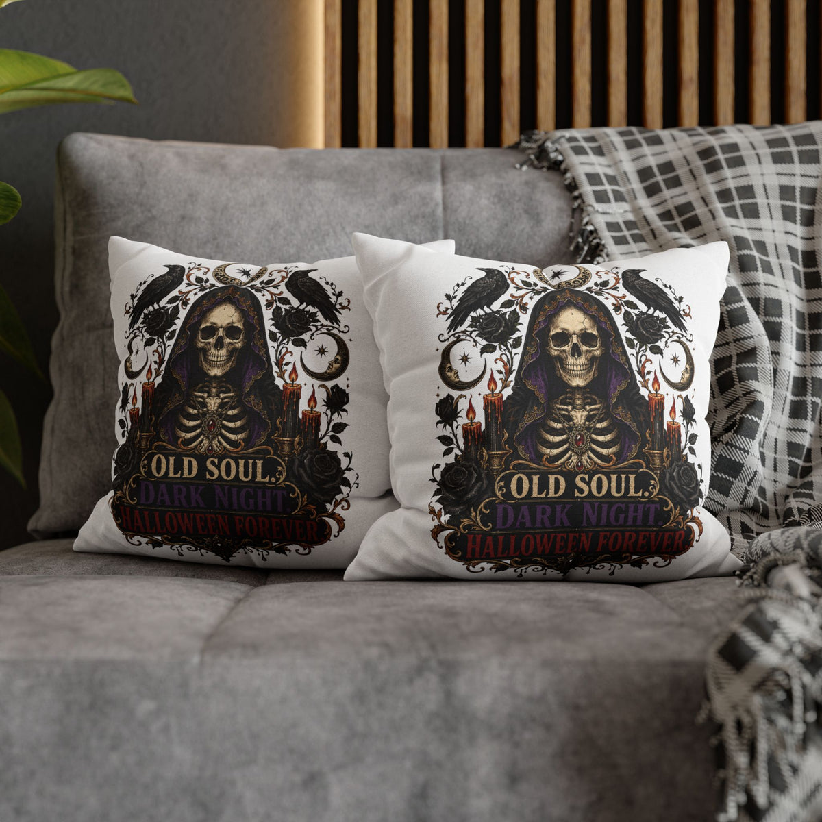 Halloween Skull Pillowcase — "Old Soul Dark Night" Spun Polyester Square Pillow