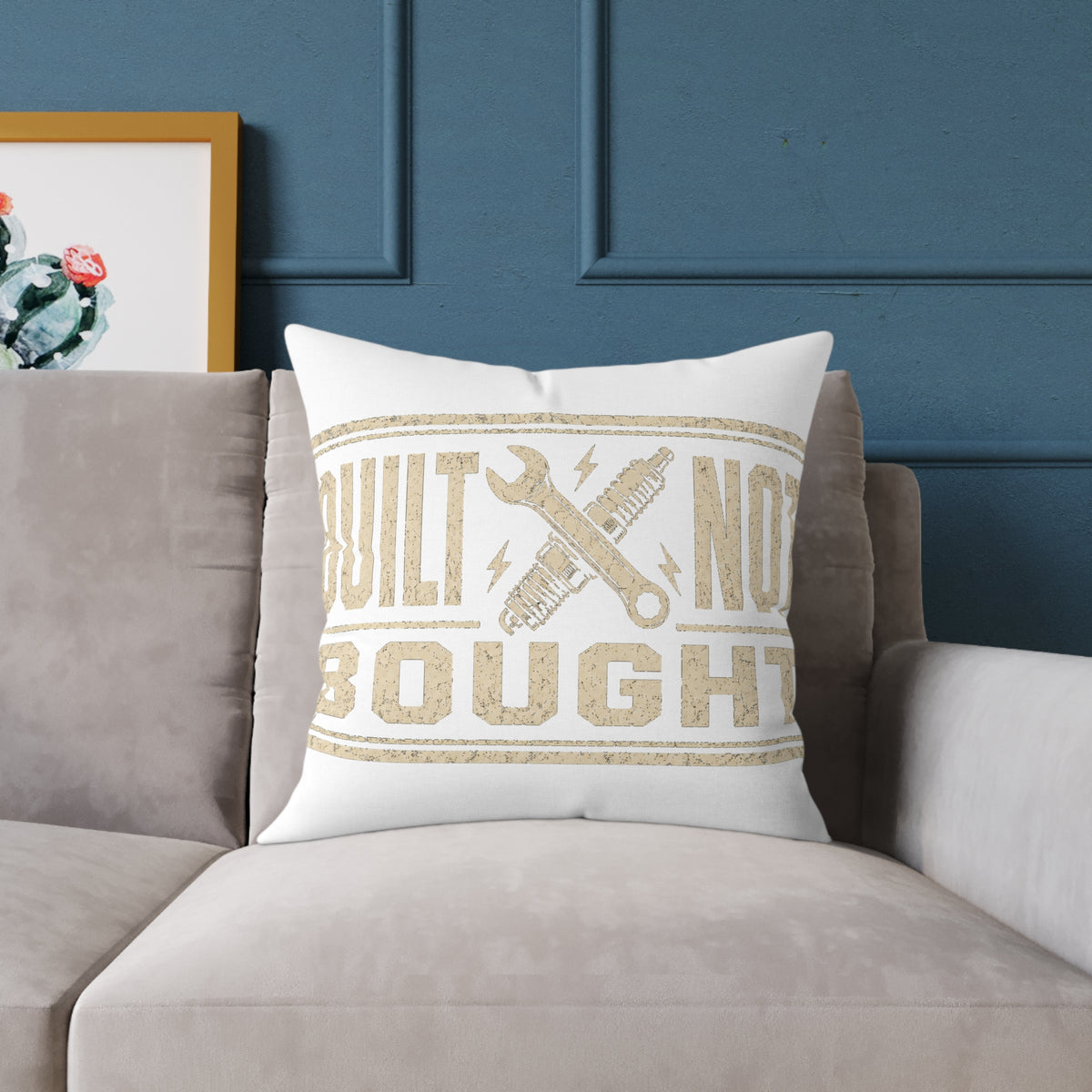 Built Not Bought Throw Pillow Milo Bailey Dog Dad Mom— Rustic DIY Mechanic Accent Cushion