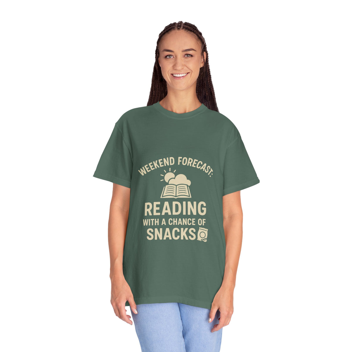 Reading & Snacks T-Shirt — "Weekend Forecast: Reading with a Chance of Snacks" - Trending Now - October 2026