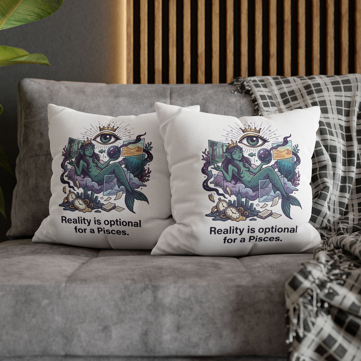 Pisces Mermaid Pillowcase — "Reality Is Optional for a Pisces" Decorative Throw Pillow