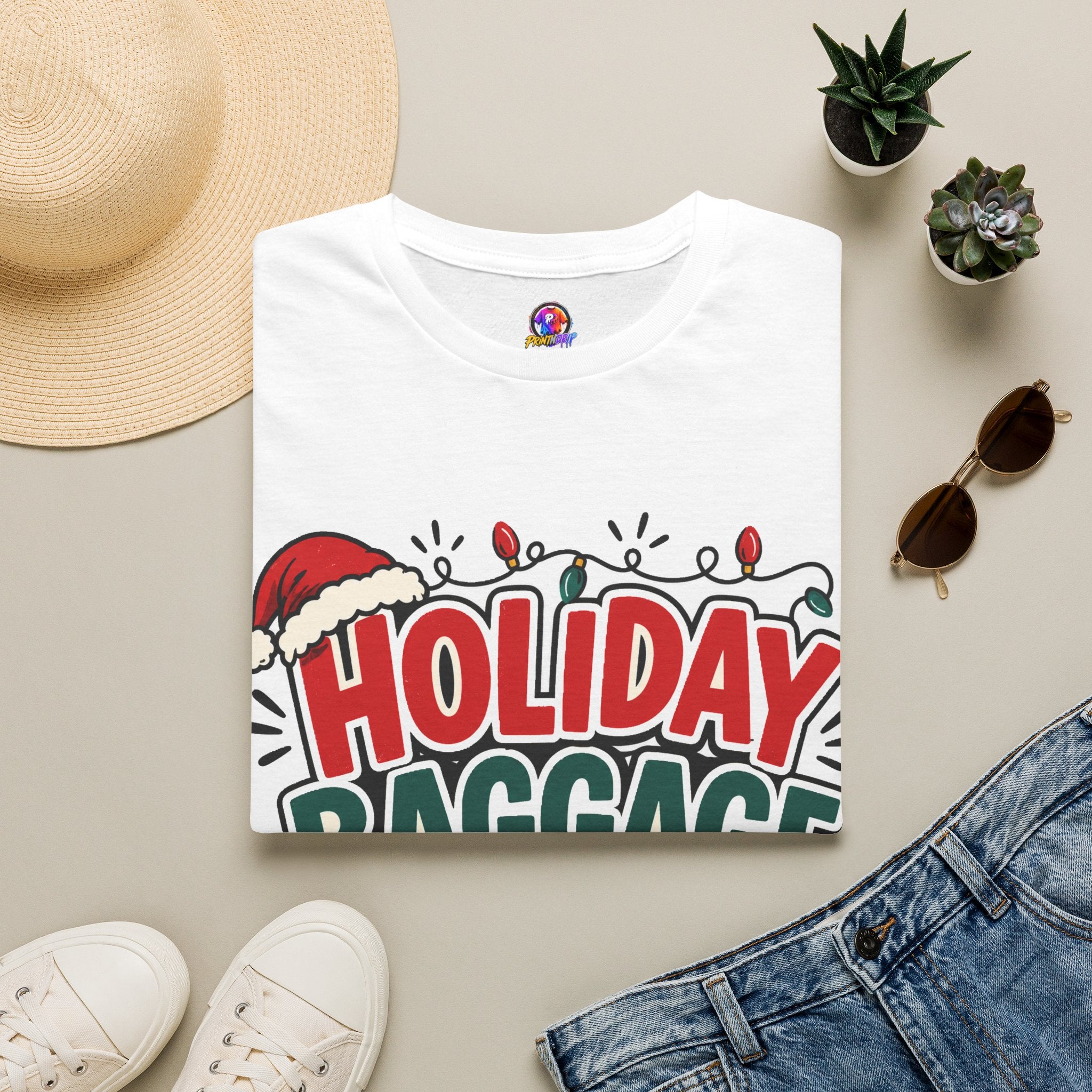 Holiday Baggage Claim T-Shirt — Funny Christmas Vacation Tee with Santa Hat & Lights