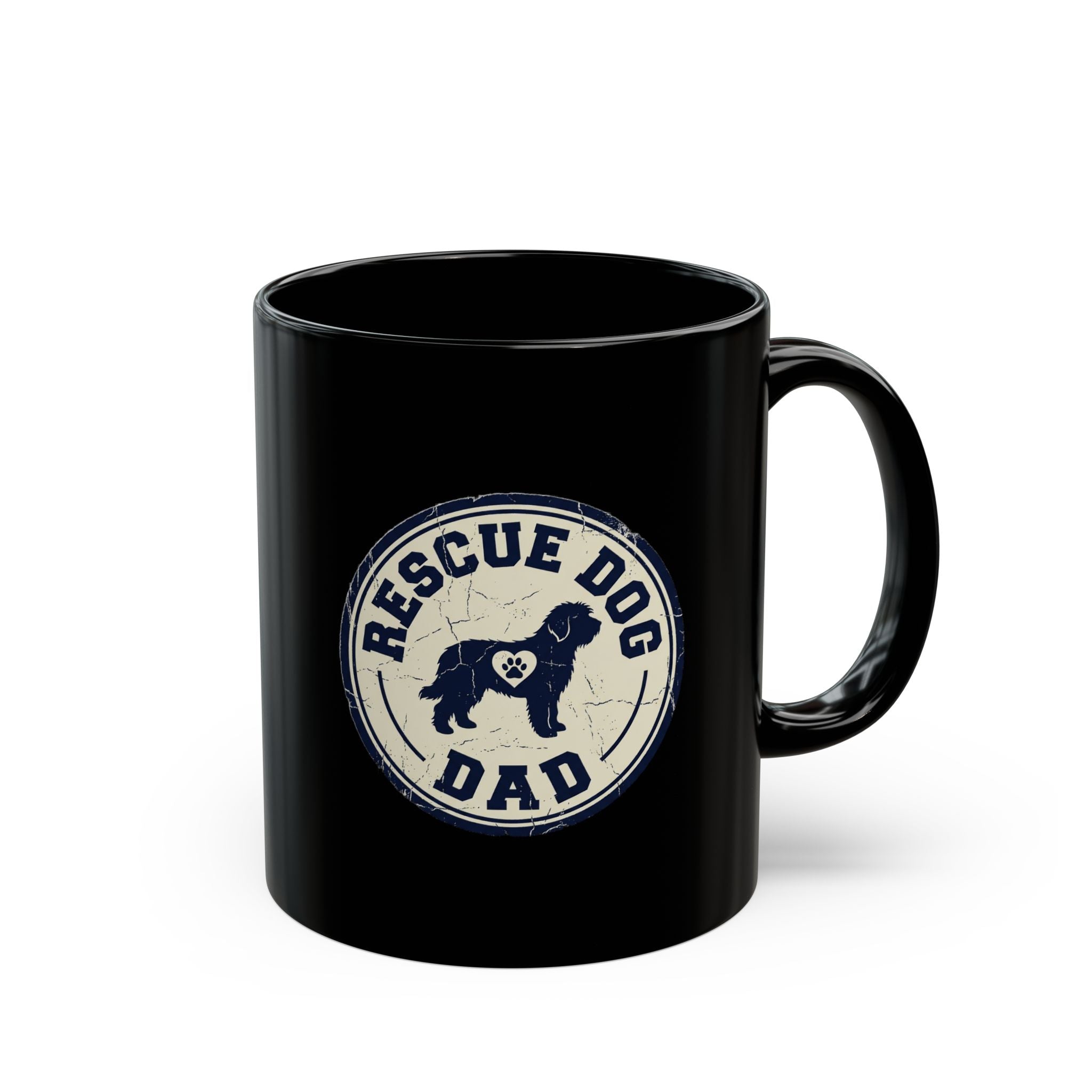 Funny Rescue Dog Dad Black Mug — Vintage Paw Print Coffee Cup