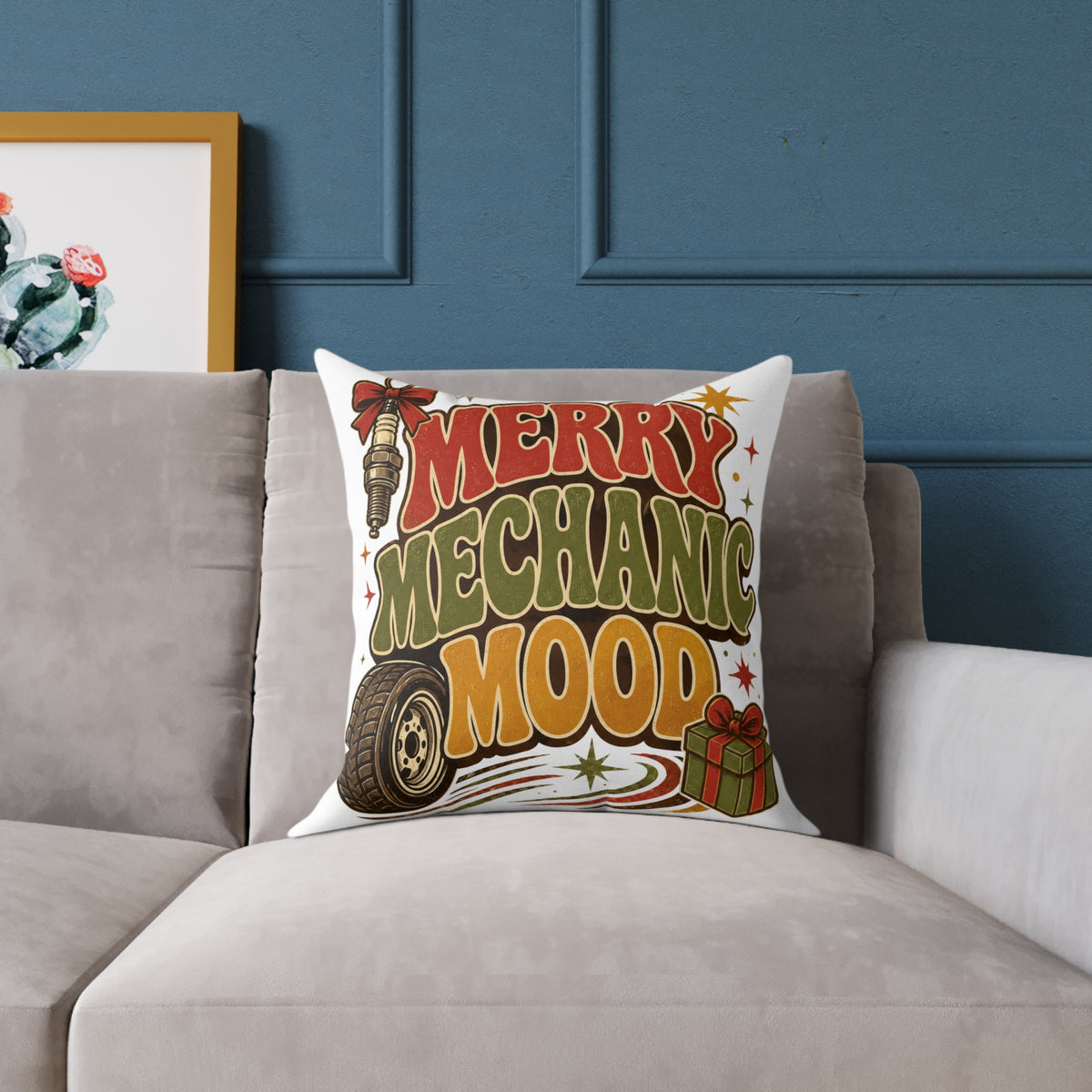 Modern Day Christmas Merry Mechanic Mood Pillow - Christmas Car Mechanic Holiday Throw Pillow