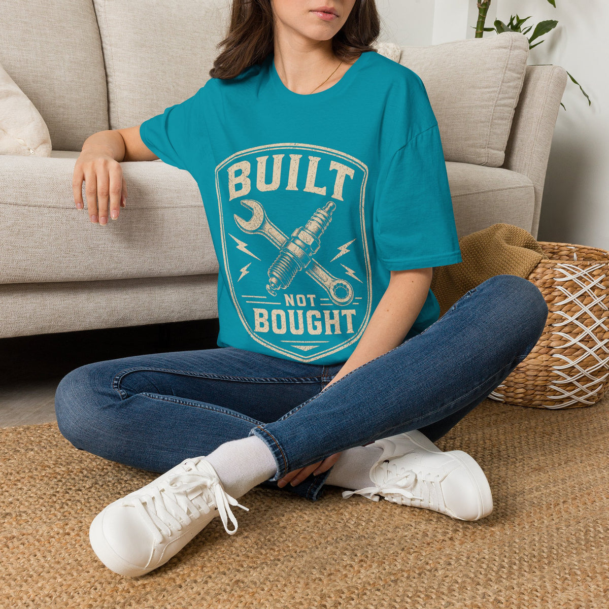 Built Not Bought T-Shirt — Vintage Mechanic Wrench & Spark Plug Design