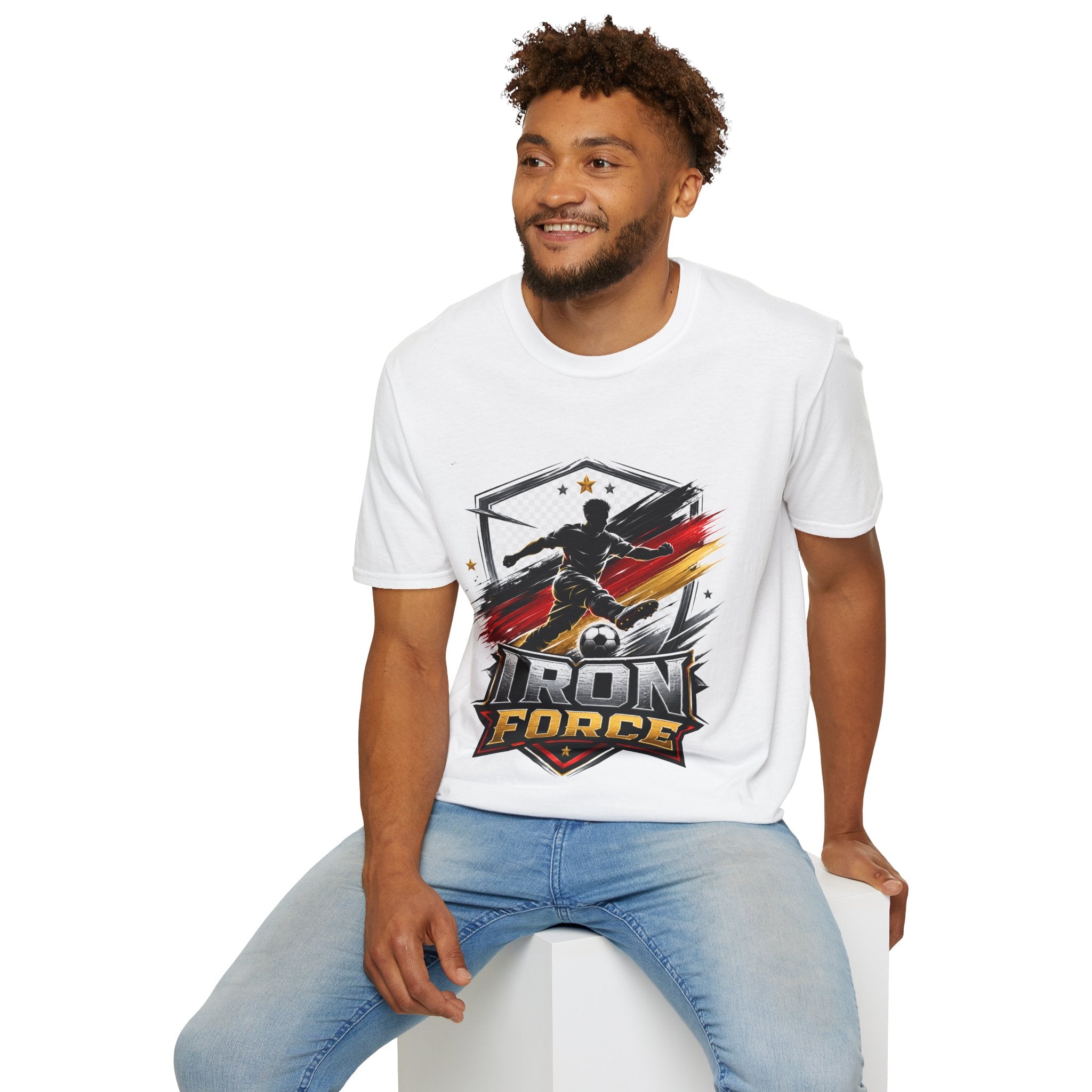 Germany Soccer 'Iron Force' Graphic T-Shirt — Player Silhouette with Red & Gold Brushstroke Emblem