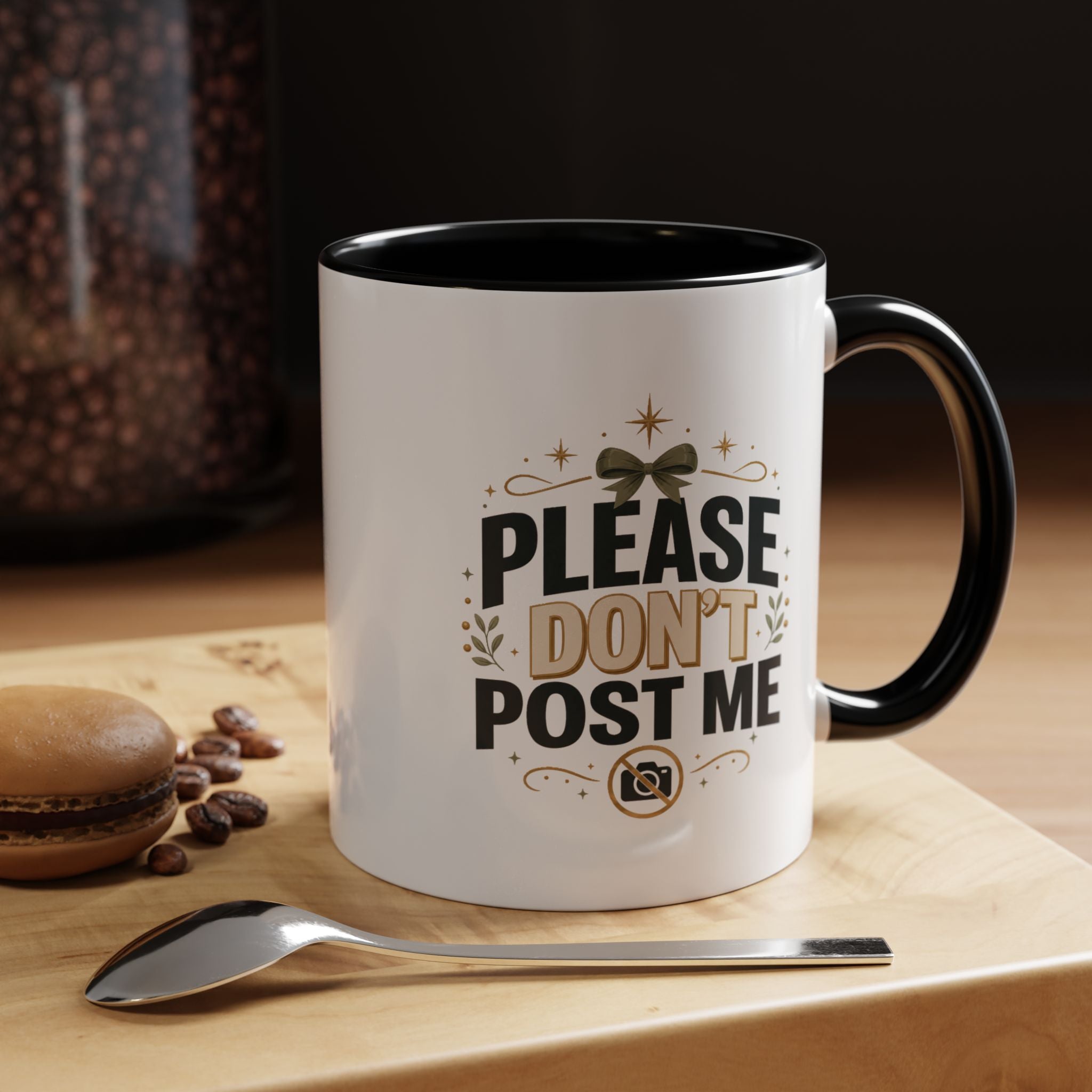 Christmas Please Don't Post Me Accent Coffee Mug — Funny Privacy Camera Gift