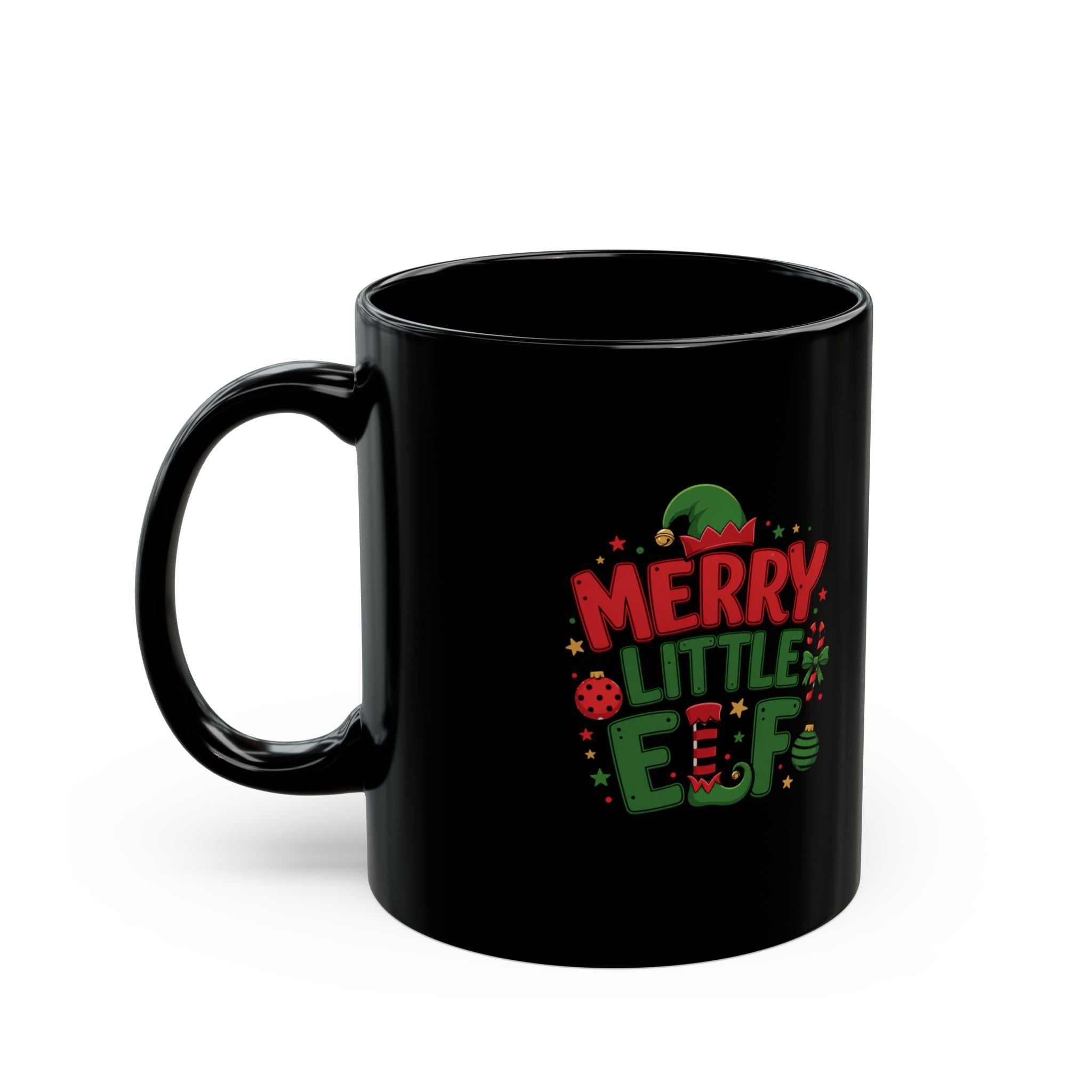 Merry Little Elf Black Mug — Cute Christmas Holiday Coffee Cup
