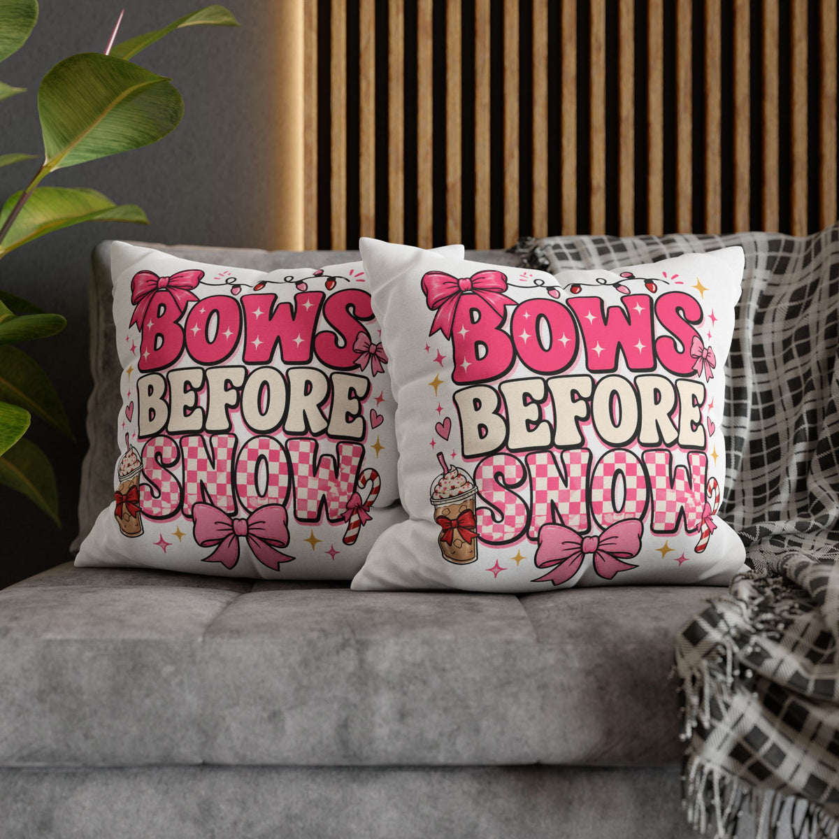Bows Before Snow Holiday Pillowcase Modern Day Christmas – Pink Christmas Decorative Throw Pillow Cover