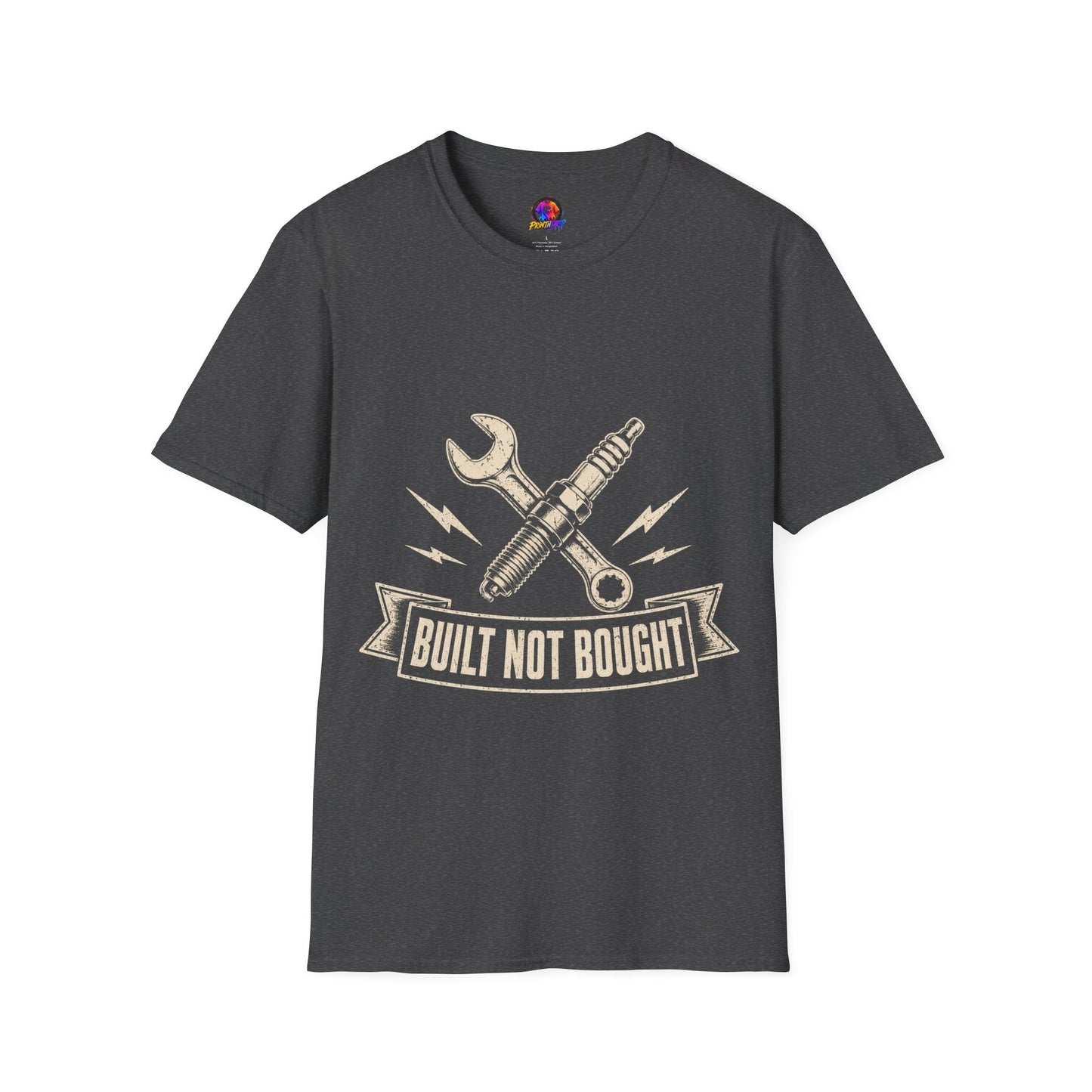 Built Not Bought T-Shirt — Vintage Mechanic Spark Plug & Wrench Tee for DIY Car Enthusiasts
