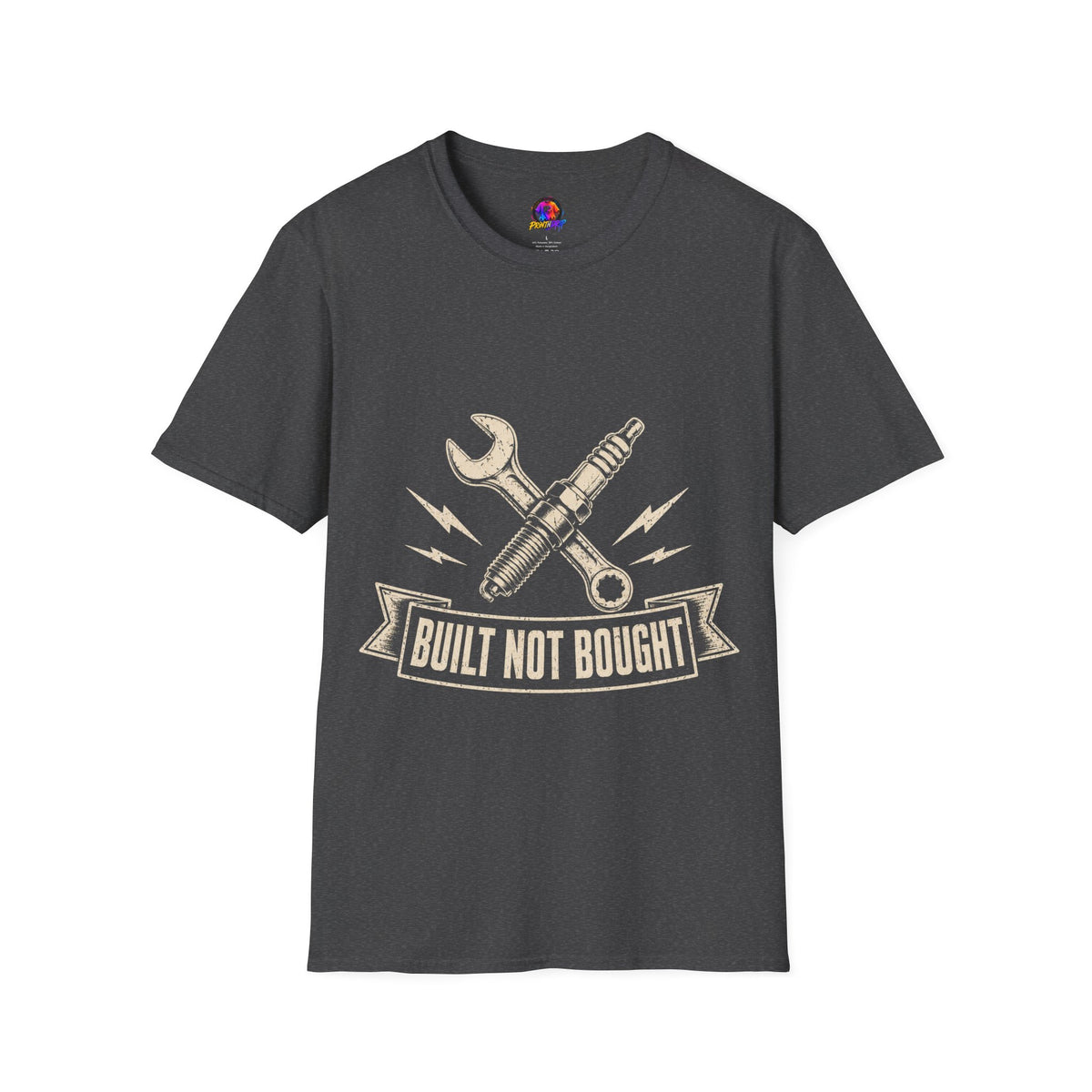 Built Not Bought T-Shirt — Vintage Mechanic Spark Plug & Wrench Tee for DIY Car Enthusiasts