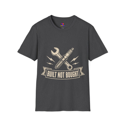 Built Not Bought T-Shirt — Vintage Mechanic Spark Plug & Wrench Tee for DIY Car Enthusiasts