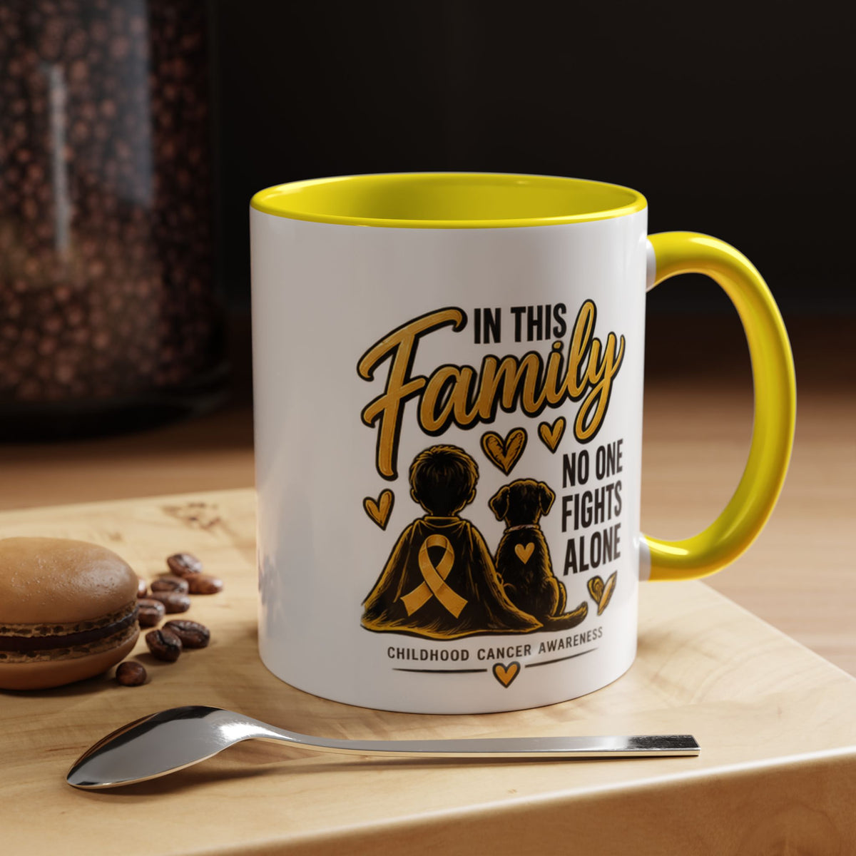 Childhood Cancer Awareness Coffee Mug — "In This Family No One Fights Alone"