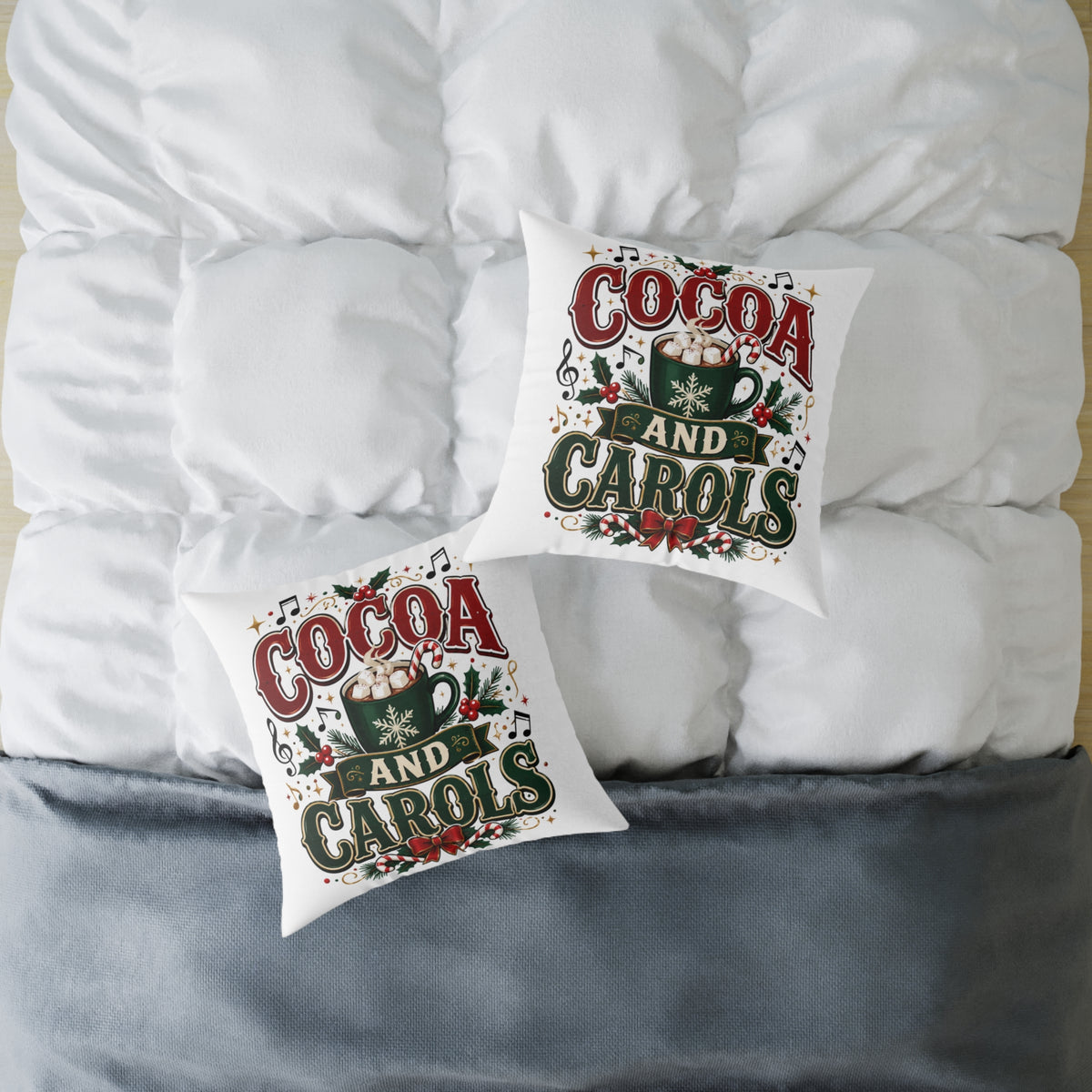 Christmas Cocoa and Carols Square Pillow — Holiday Hot Cocoa Christmas Decor