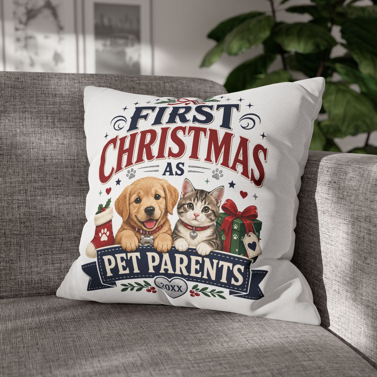First Christmas as Pet Parents Pillowcase — Dog & Cat Holiday Throw Pillowcase