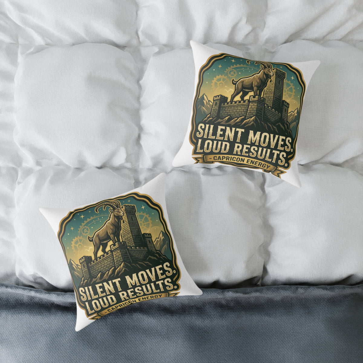 Capricorn Pillow — "Silent Moves, Loud Results" Square Throw Pillow
