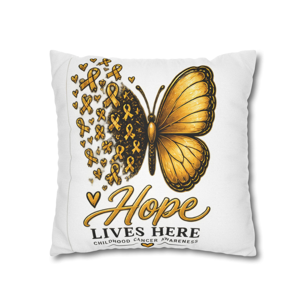 Childhood Cancer Awareness Pillow – "Hope Lives Here" Gold Ribbon Butterfly Square Pillowcase