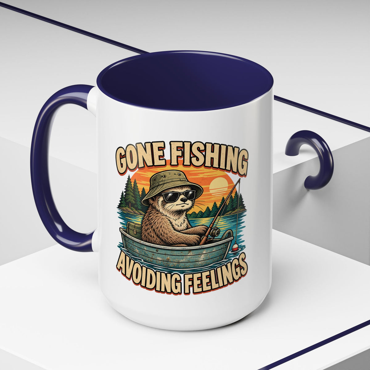Funny And Witty "Gone Fishing Avoiding Feelings" Accent Coffee Mug (11, 15oz)