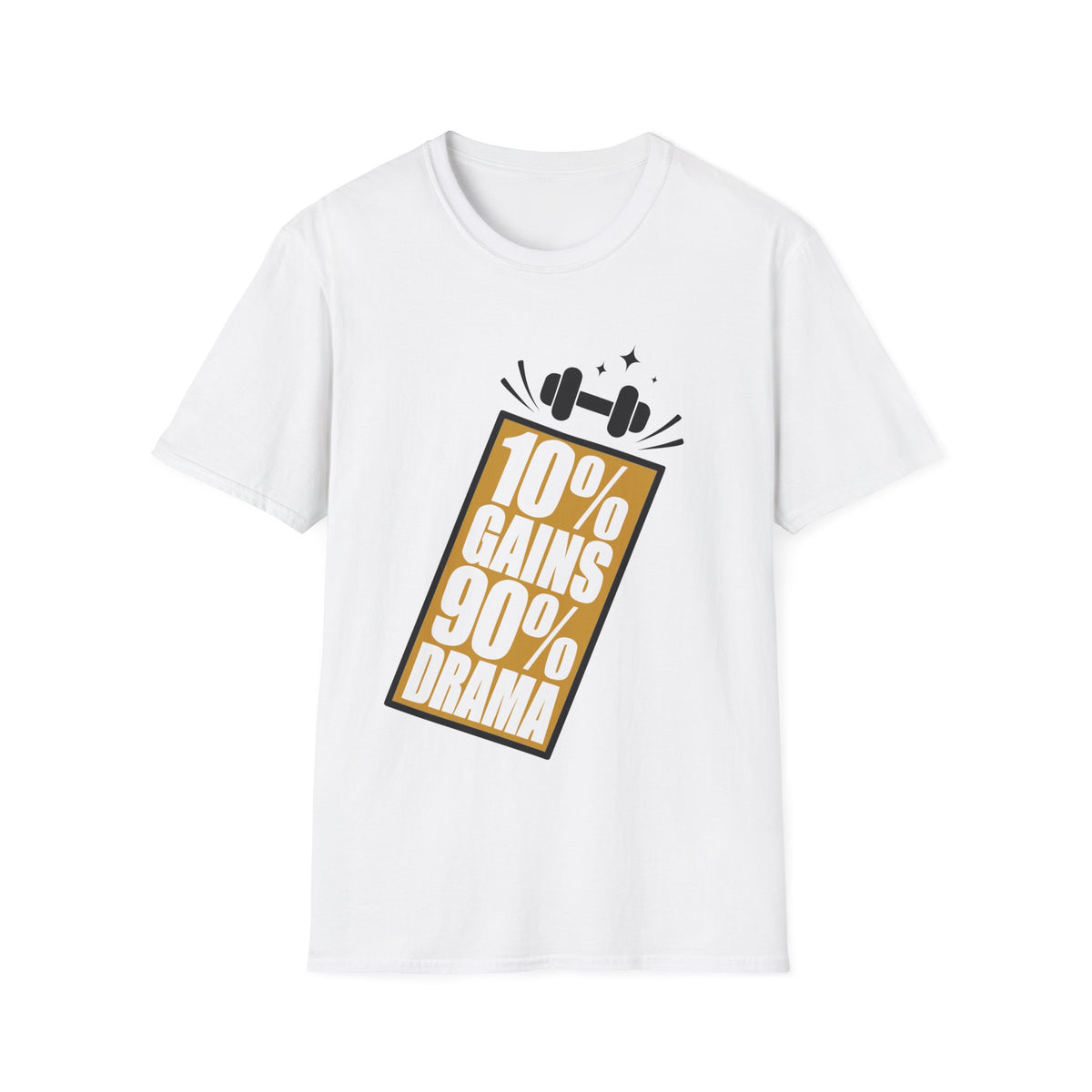 10% Gains 90% Drama Gold Barbell T-Shirt - Minimalist Funny Gym Graphic Tee - Trending Now - September 2026