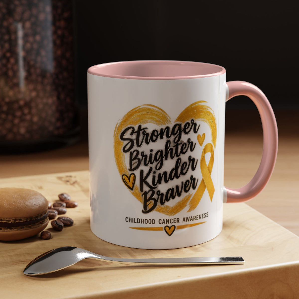 Childhood Cancer Awareness Accent Coffee Mug — "Stronger Brighter Kinder Braver"