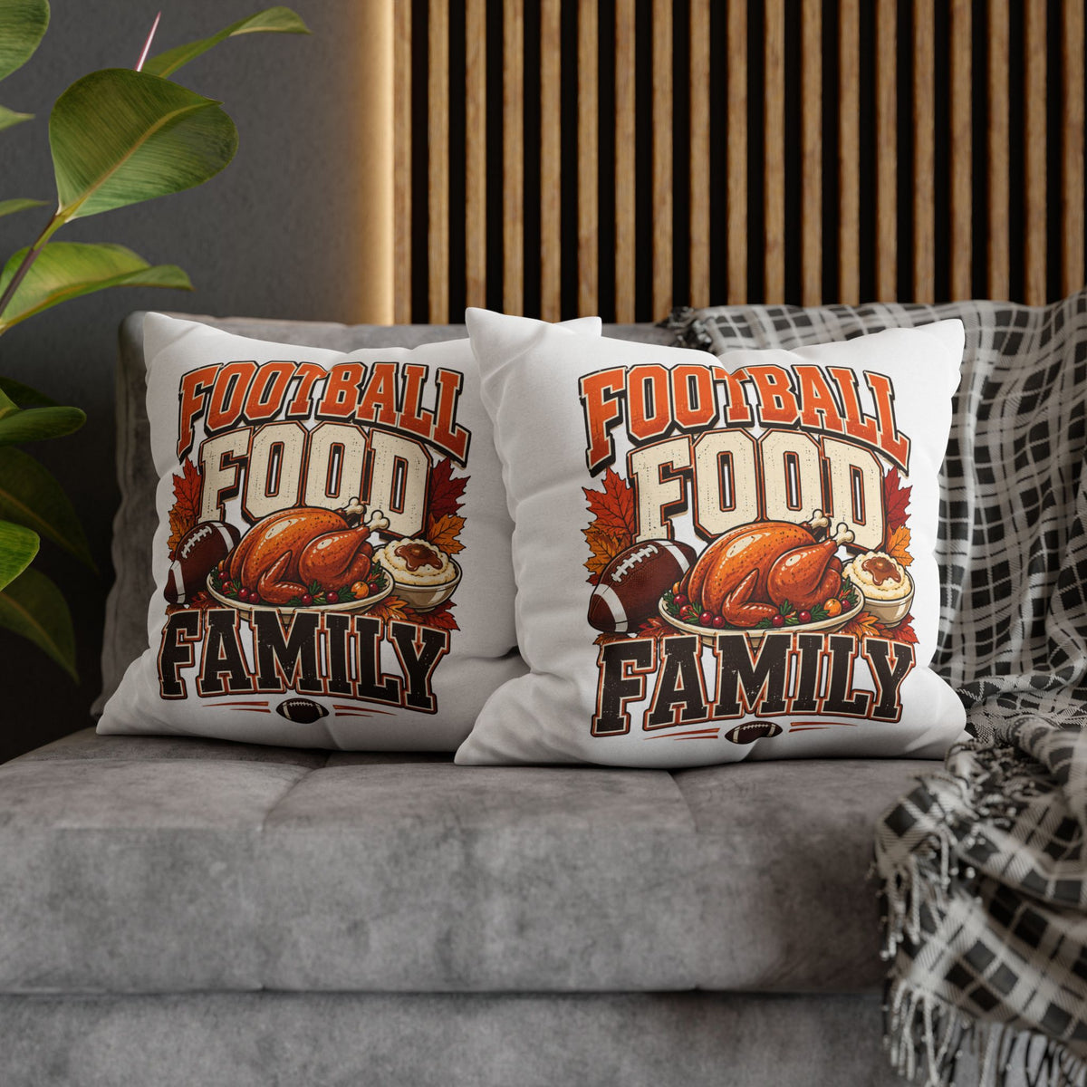 Thanksgiving Football, Food & Family Throw Pillowcase — Thanksgiving Game Day Decoration