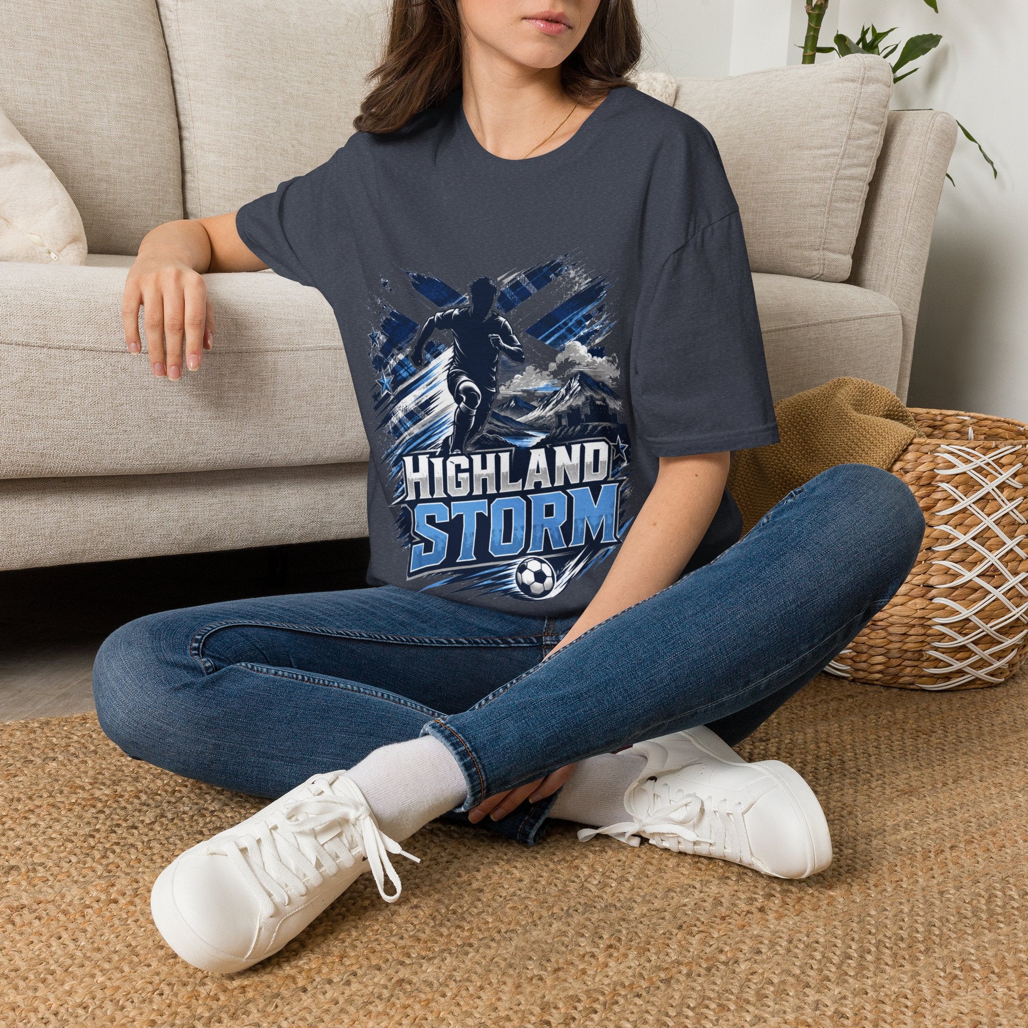 Scotland Highland Storm Soccer T-Shirt — Mountain Soccer Player Graphic Tee