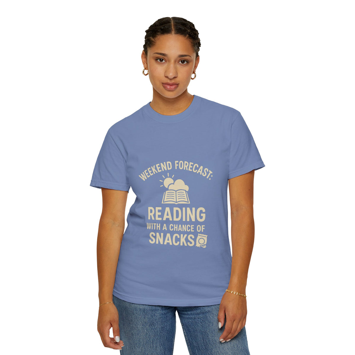 Reading & Snacks T-Shirt — "Weekend Forecast: Reading with a Chance of Snacks" - Trending Now - October 2026
