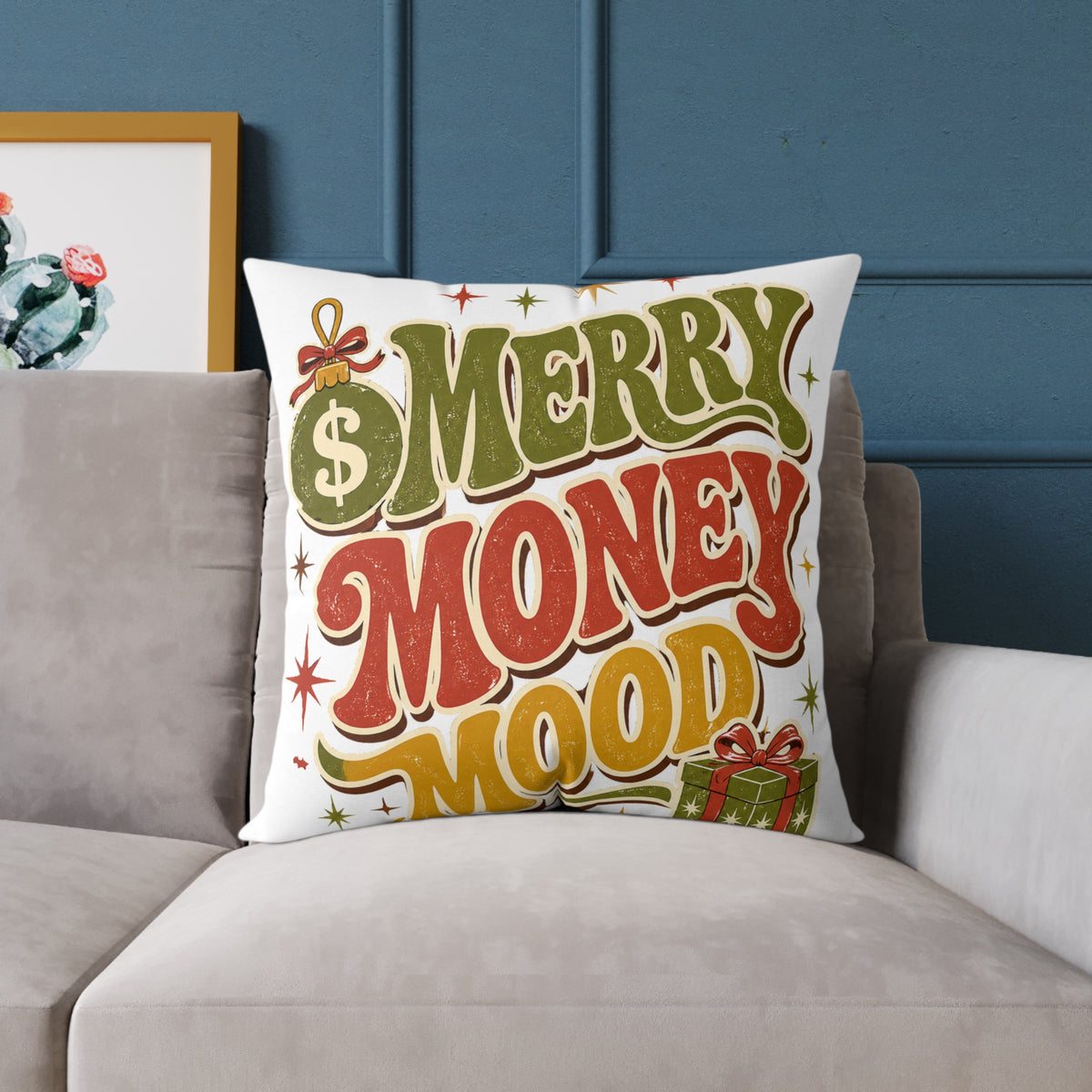 Modern Day Christmas Merry Money Mood Pillow — Festive Retro Holiday Throw Pillow