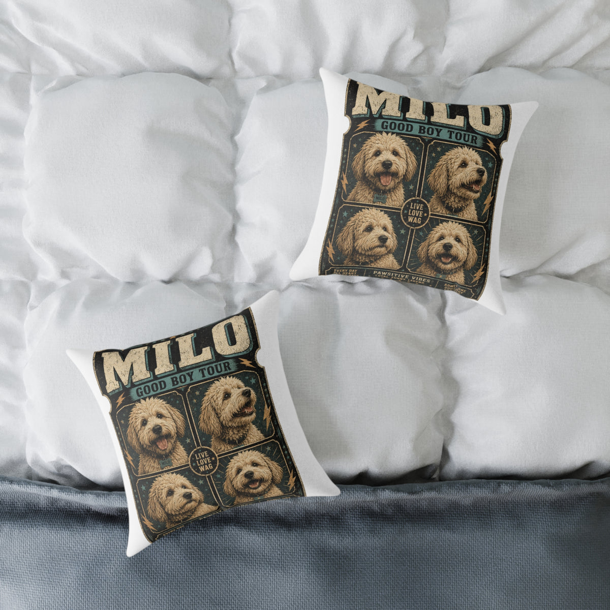 Milo "Good Boy Tour" Dog Photo Square Pillow  Milo Bailey Dog Dad Mom — Cute Pet Portrait Throw Pillow