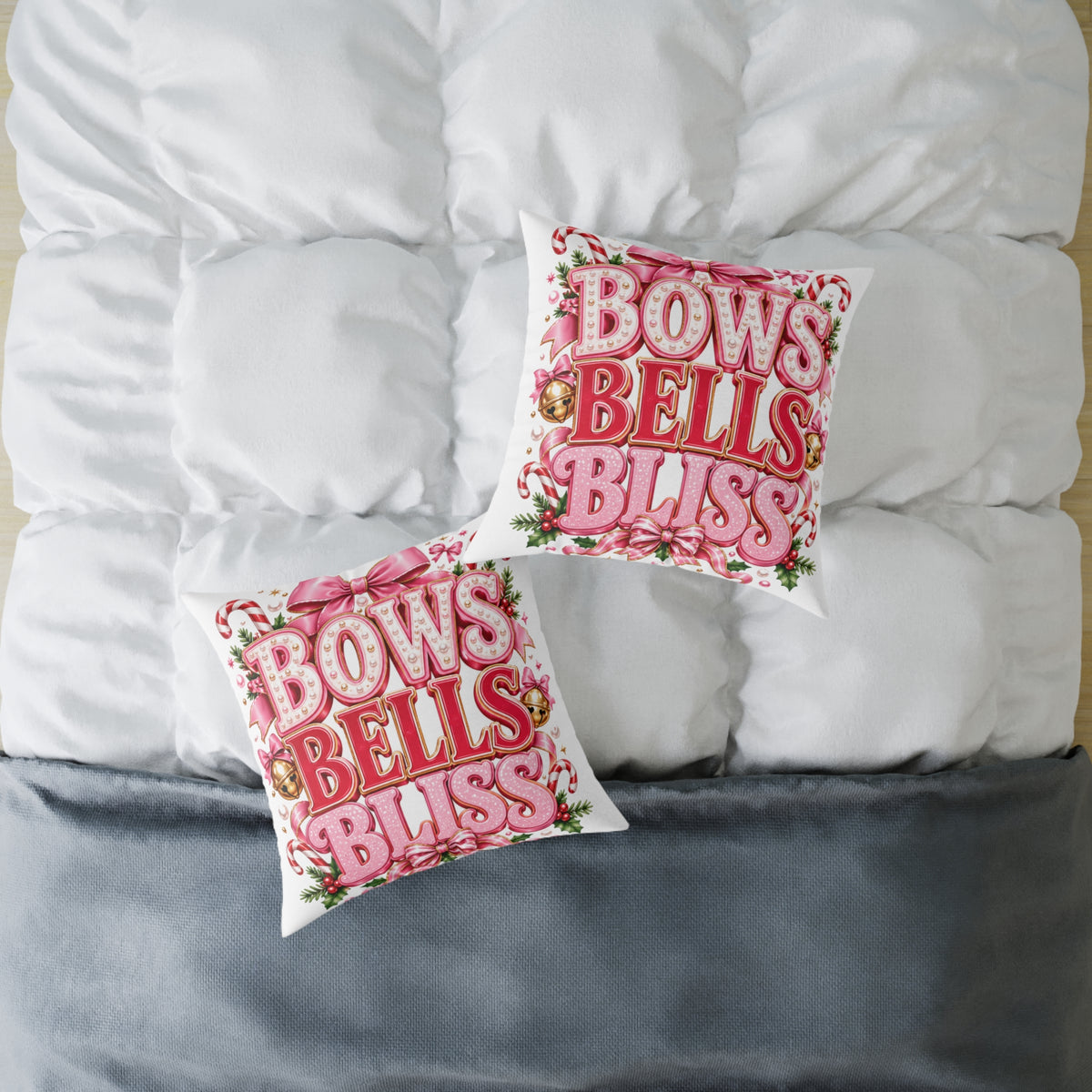 Bows Bells Bliss Modern Day Christmas Square Poly Canvas Pillow