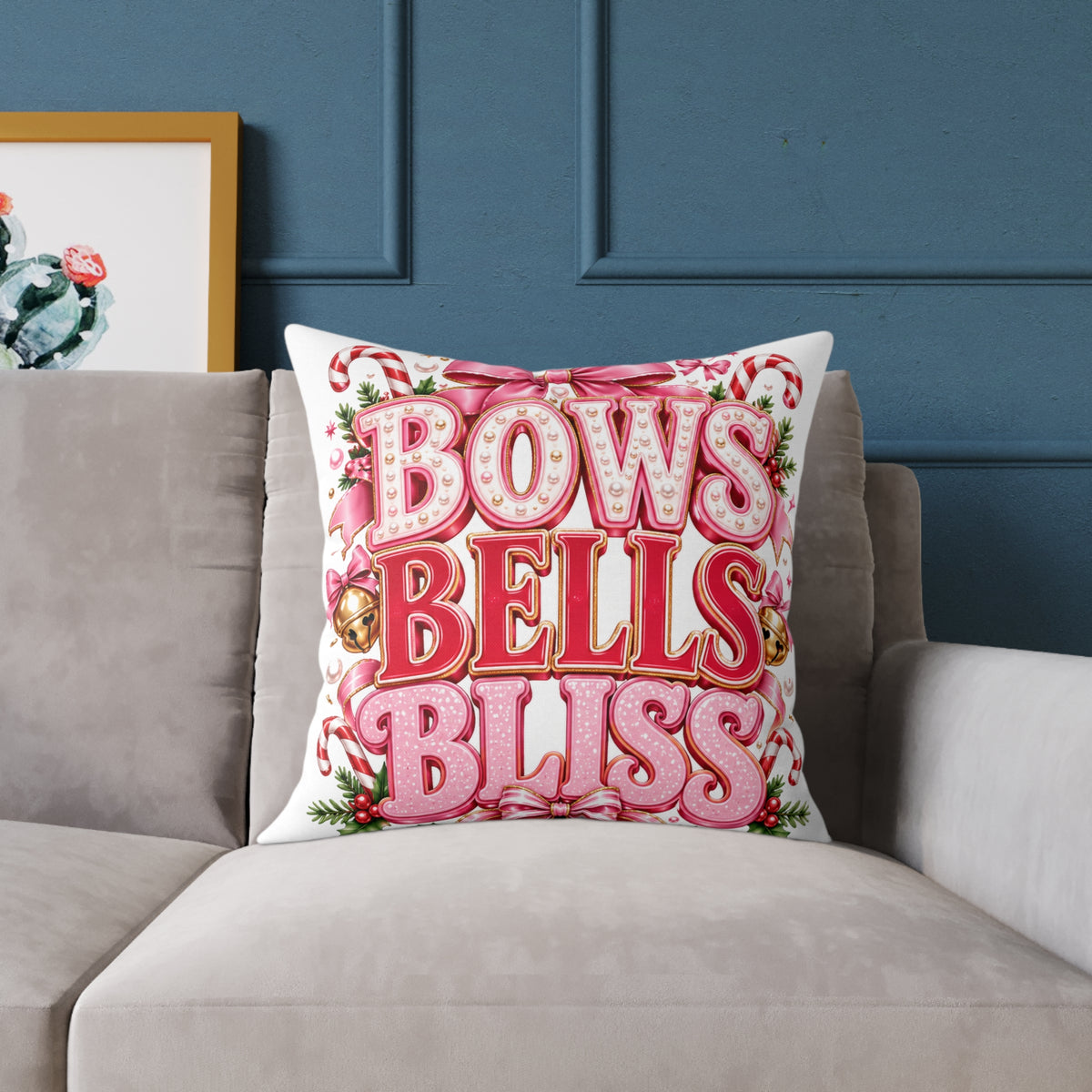 Bows Bells Bliss Modern Day Christmas Square Poly Canvas Pillow
