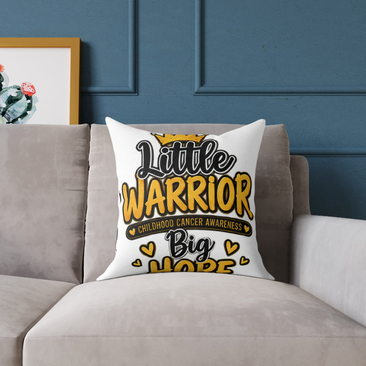 Little Warrior Childhood Cancer Awareness Pillow — Square Poly Canvas Throw Pillow