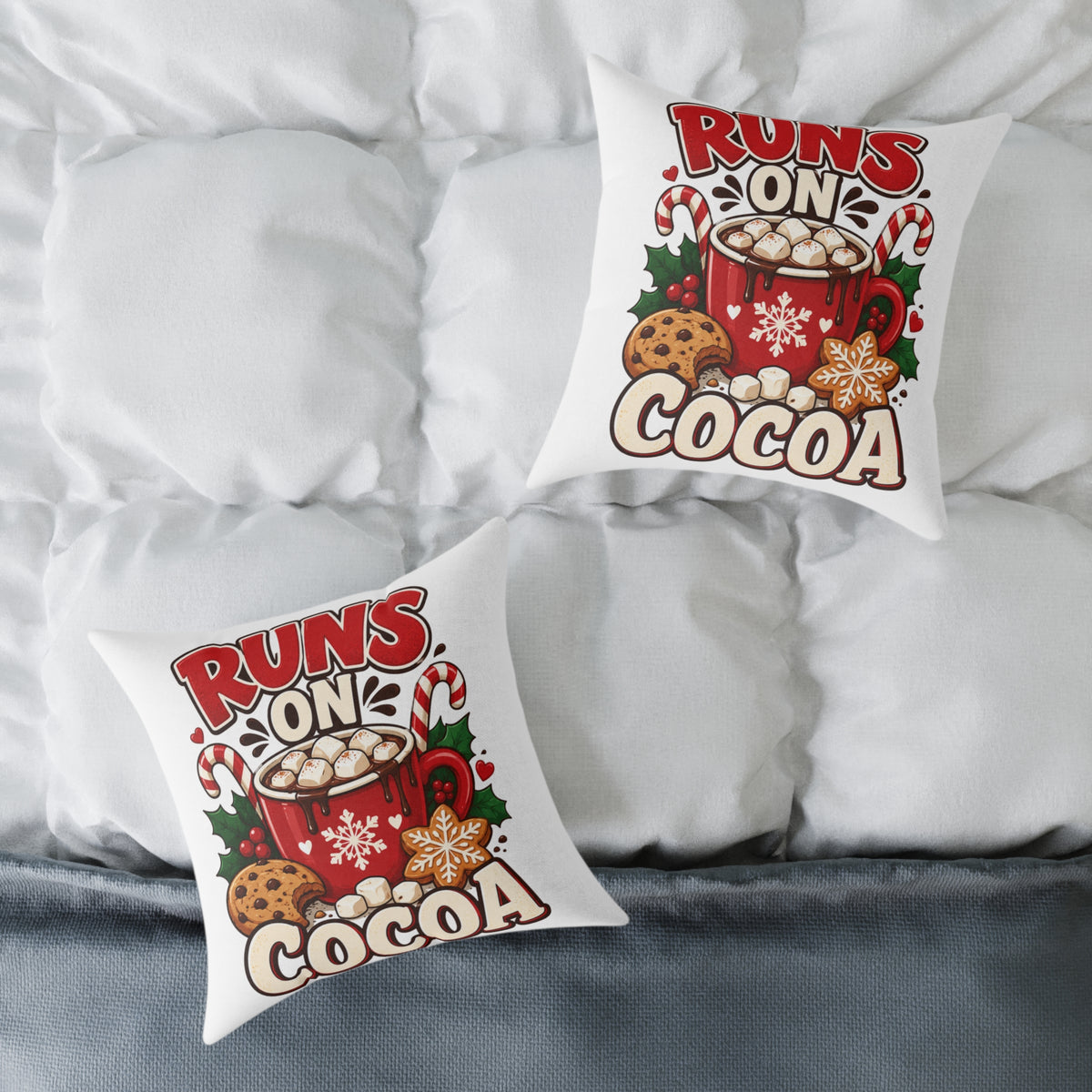 Christmas Square Pillow - "Runs on Cocoa" Holiday Hot Chocolate Decorative Throw Pillow