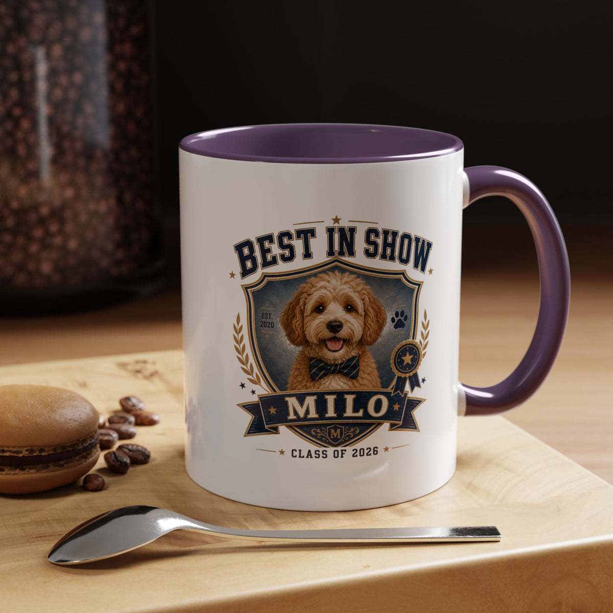 Milo Bailey Dog Dad Mom Best in Show Personalized Dog Coffee Mug — 'Milo' Class of 2026 Accent Mug