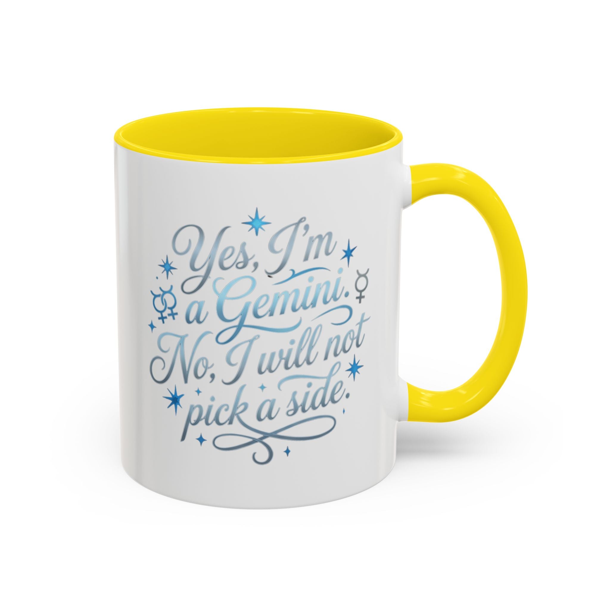 Gemini Zodiac Accent Coffee Mug – “Yes, I’m a Gemini. No, I will not pick a side.” – Astrological Gift