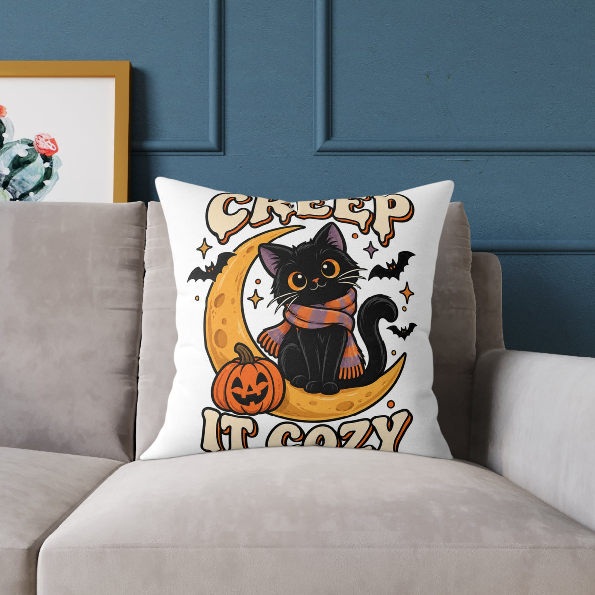 Halloween Cat Pillow — "Creep It Cozy" Decorative Square Throw Pillow