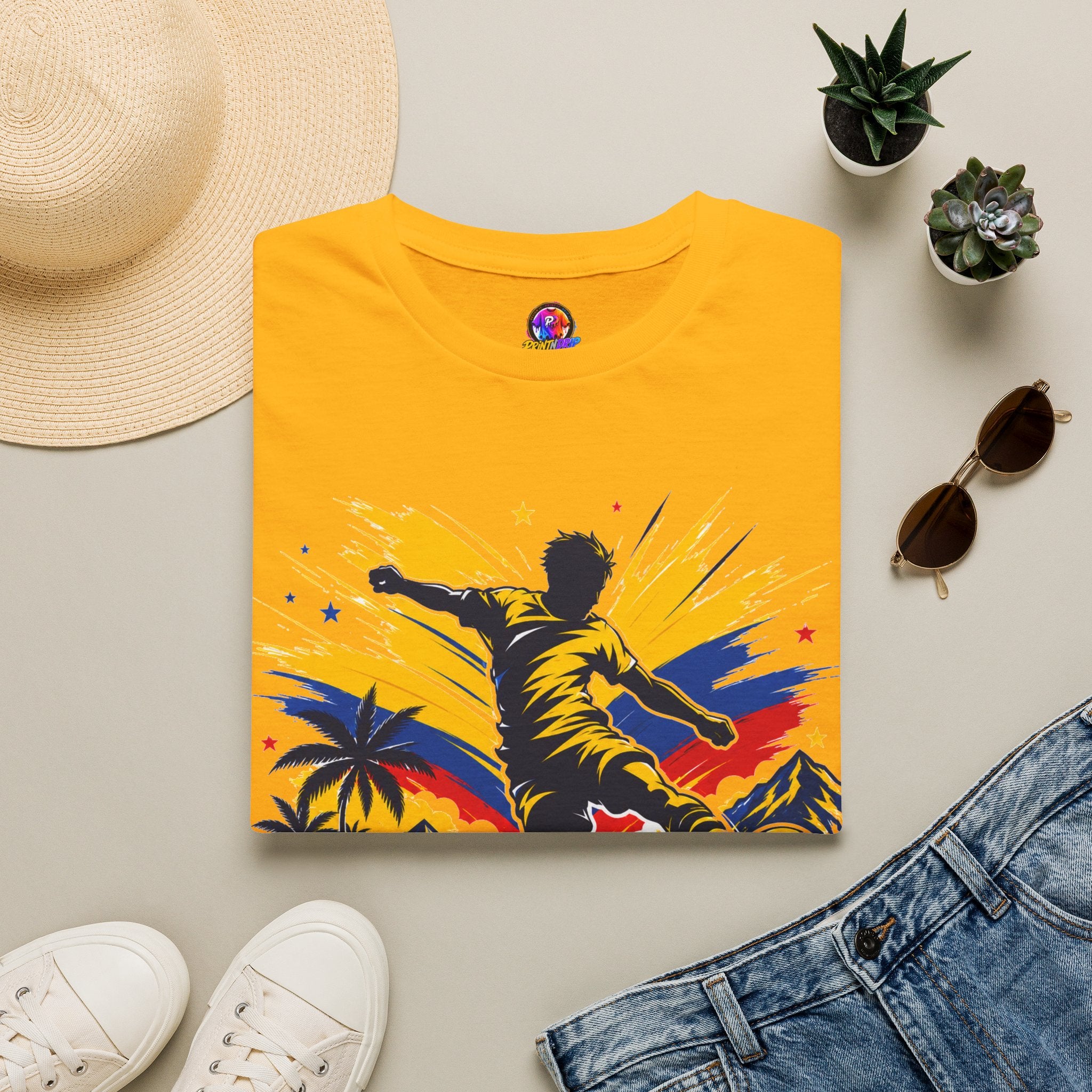 Columbia Soccer Player Graphic T-Shirt — "Golden Rhythm" Vibrant Beach Soccer Tee
