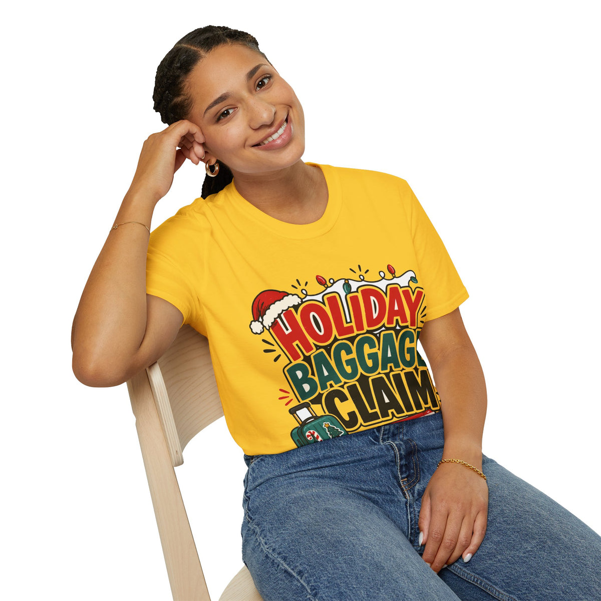 Holiday Baggage Claim T-Shirt — Funny Christmas Vacation Tee with Santa Hat & Lights