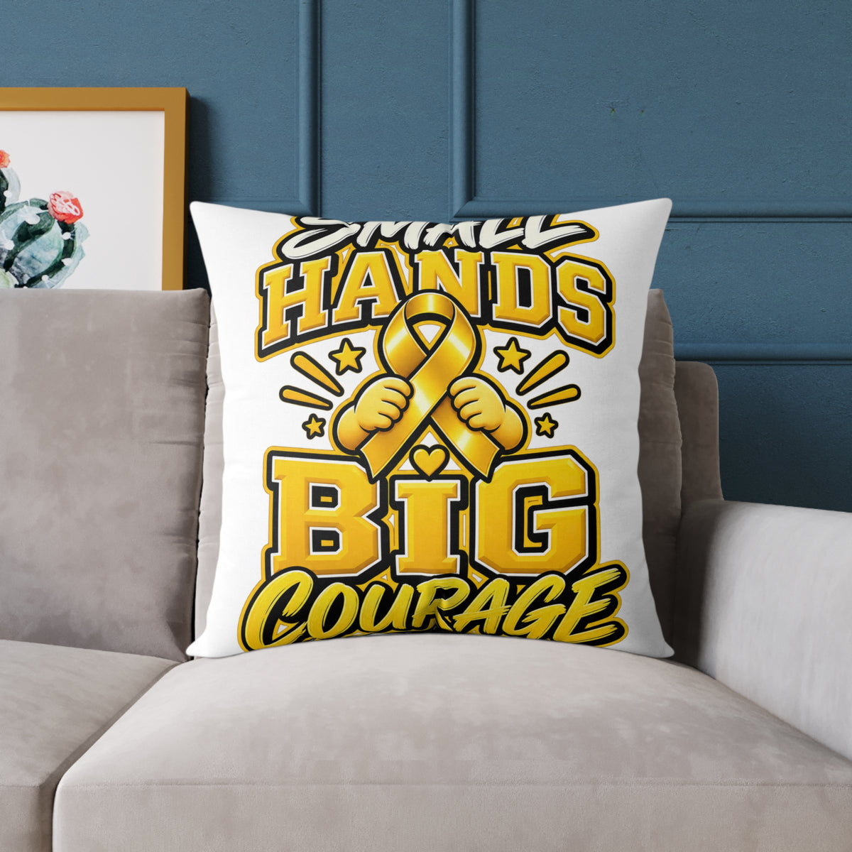 Square Pillow — "Small Hands Big Courage" Gold Ribbon Awareness Throw Pillow